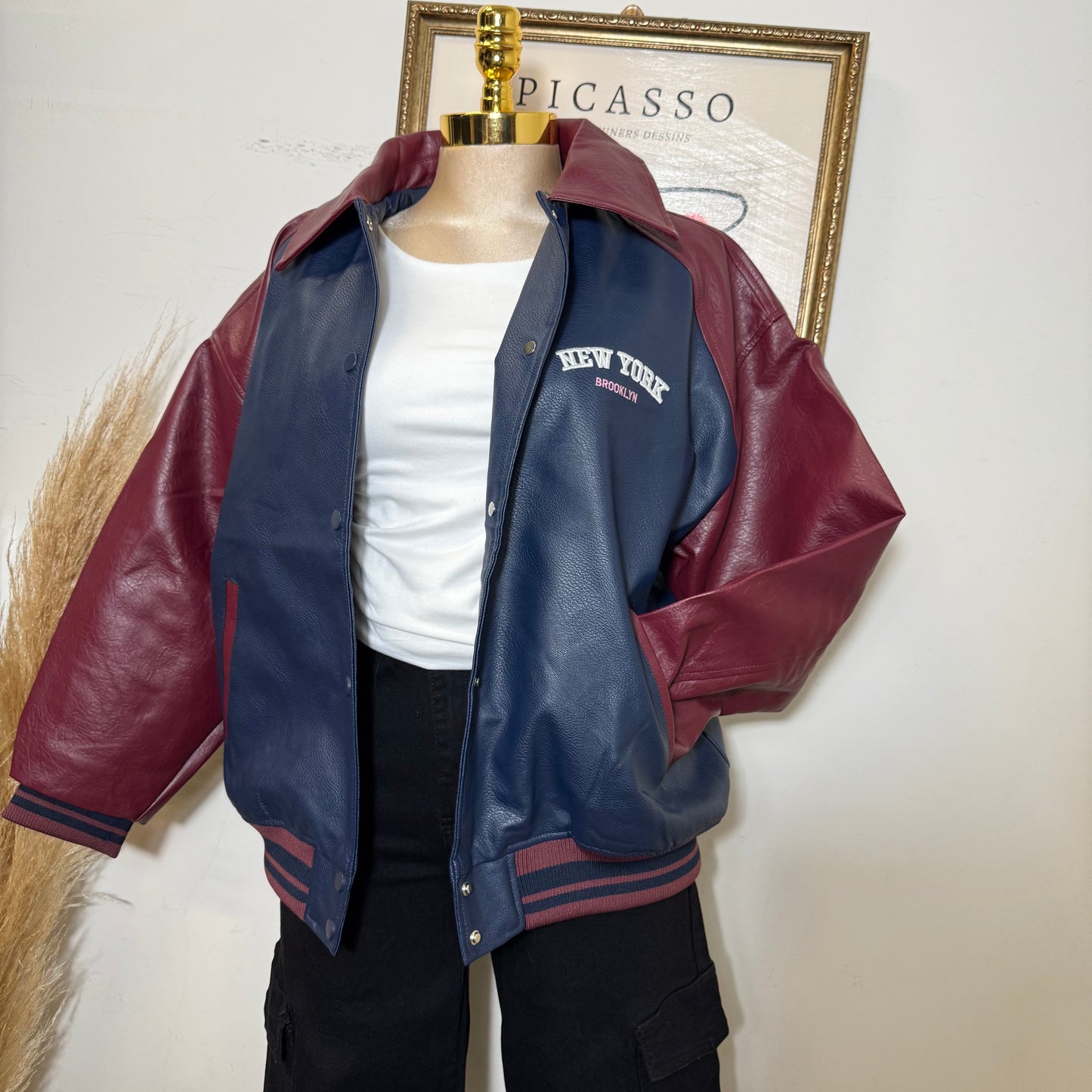 Faux Leather Oversize Jacket -Navy/Burgundy