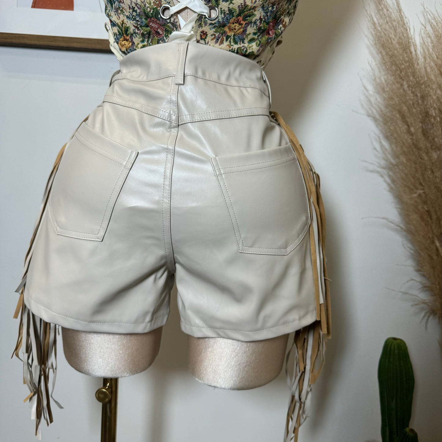 Leather Fringe Shorts-Natural