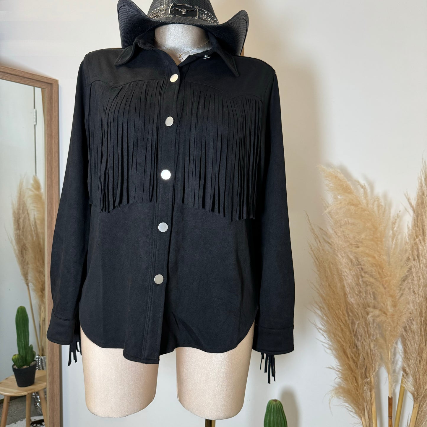Dime Suede Button Shirt with Fringe-Black