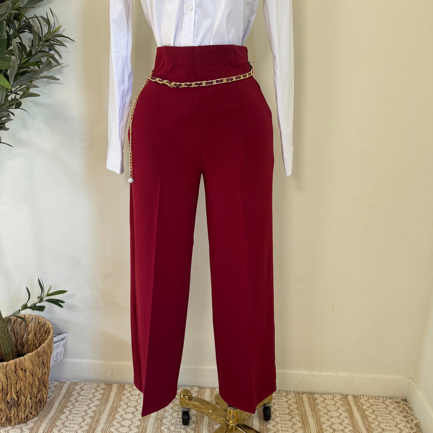 Dressy Pant with Chain- Burgundy
