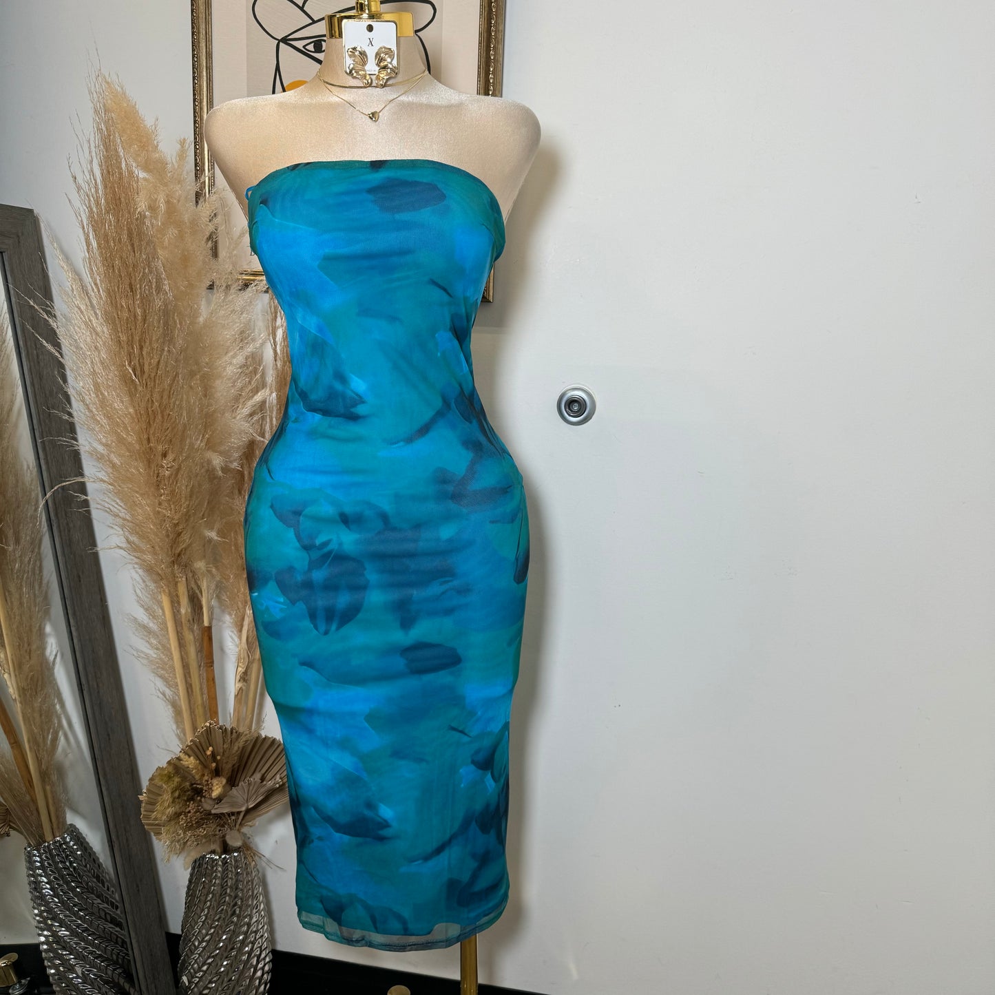 Mesh Print Tube Midi Dress-Blue