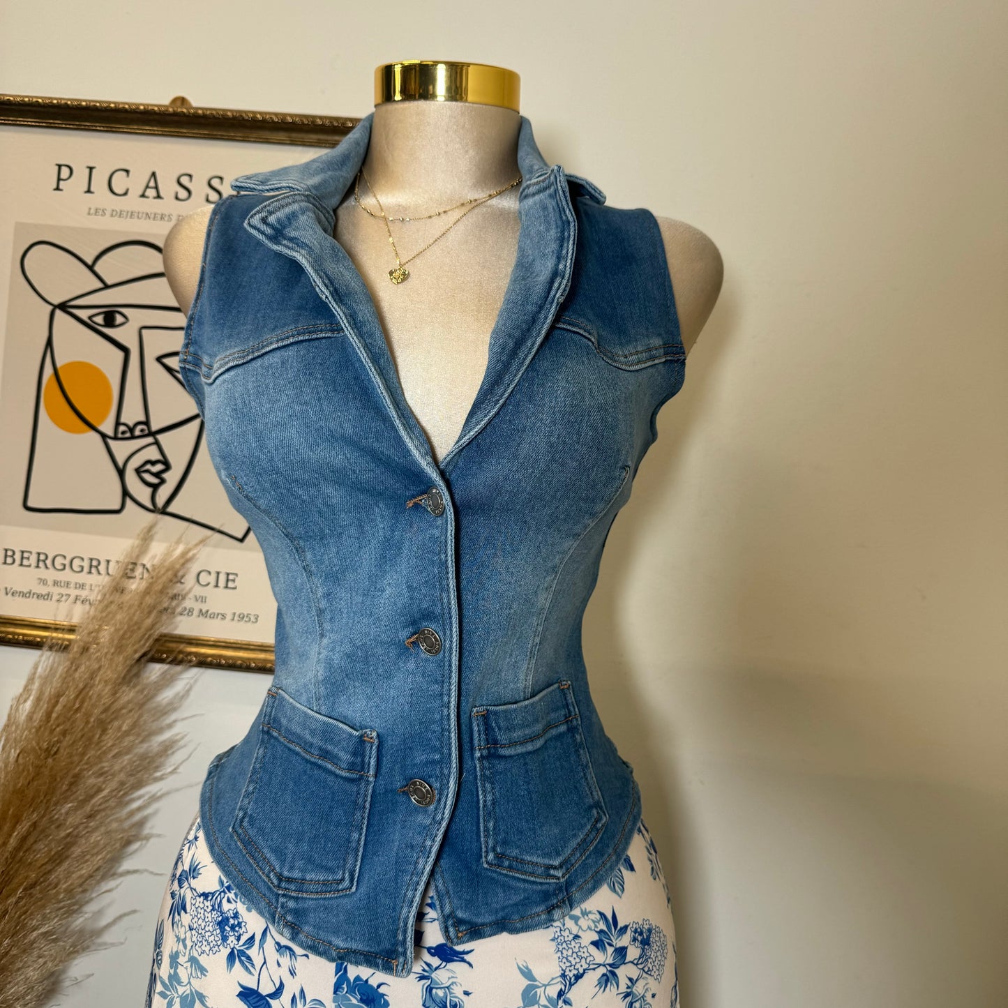 Collar Denim Vest-Blue