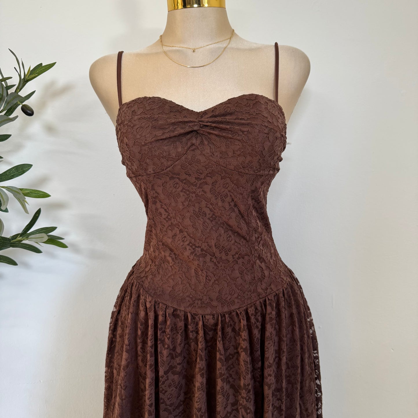 Lace Midi Flare Dress-Brown