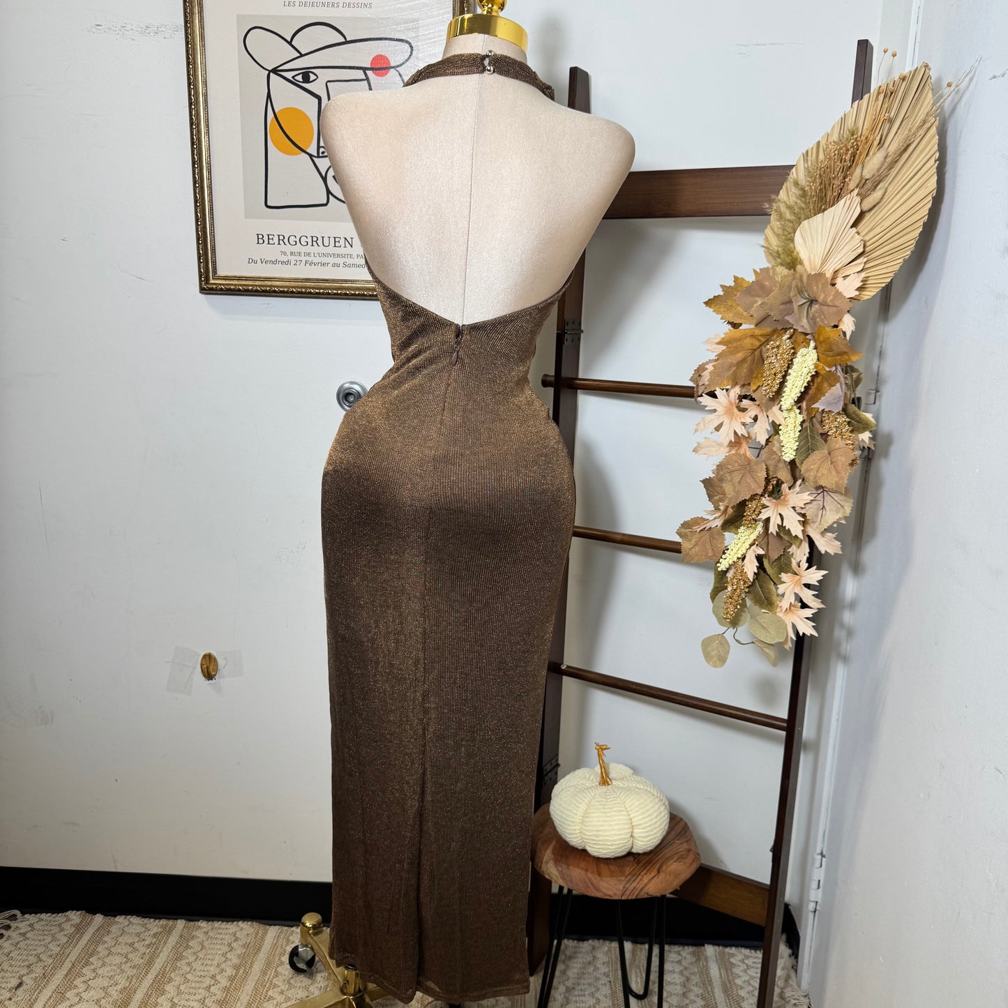 Halter Cowl Neck Metallic Knit Maxi Dress-brown