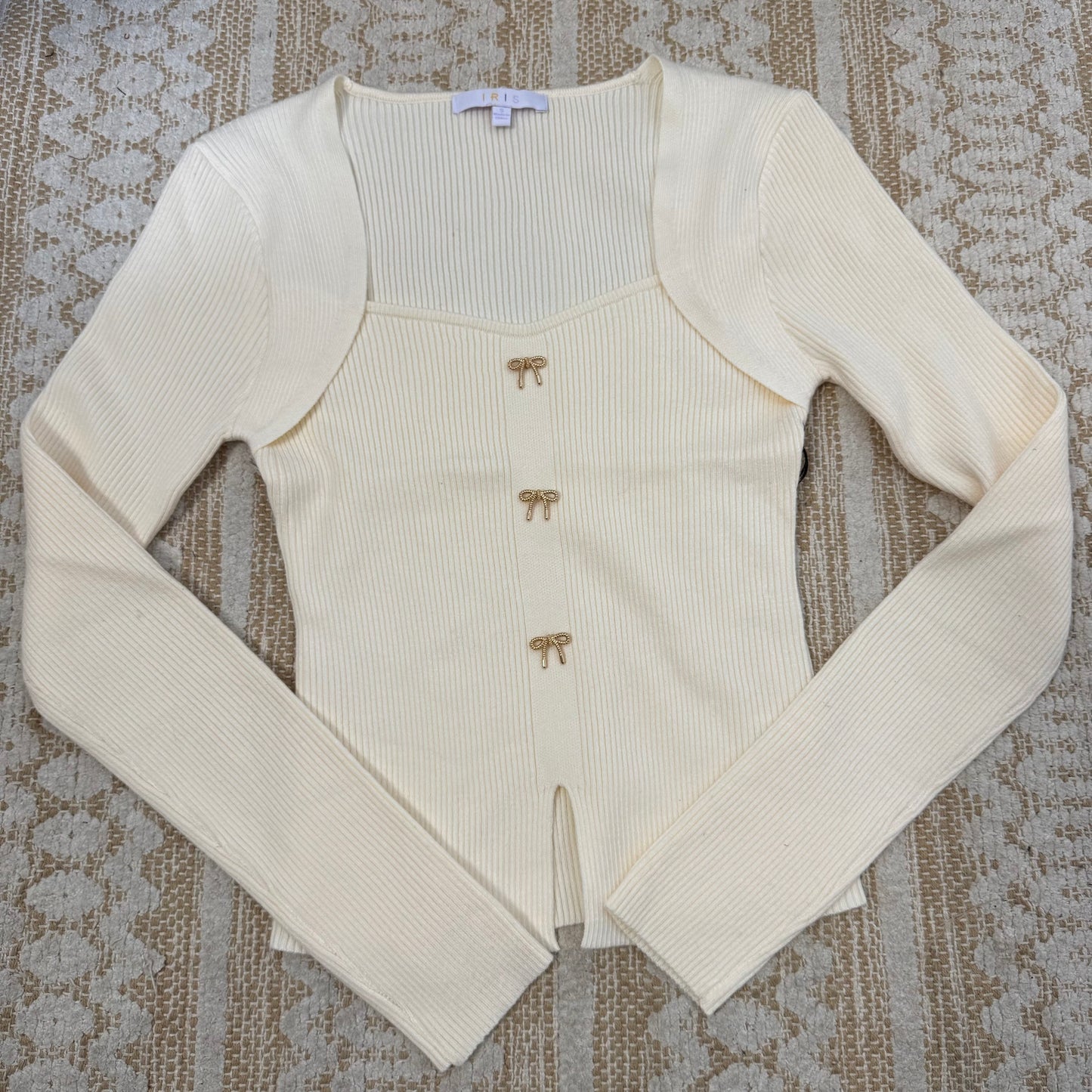 Square Neck Ribbon Trim Sweater Top-cream