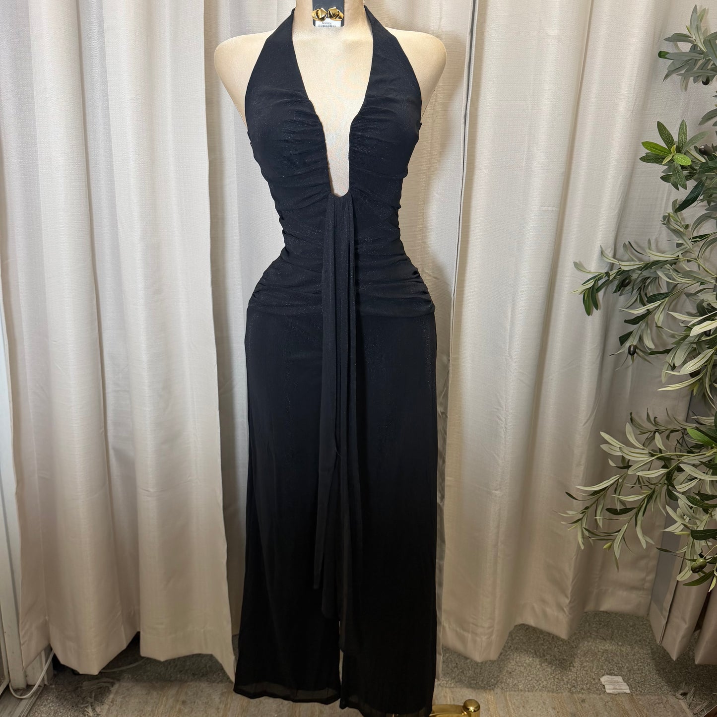 HALTER NECK WIRE WITH SASH JUMPSUIT-Black