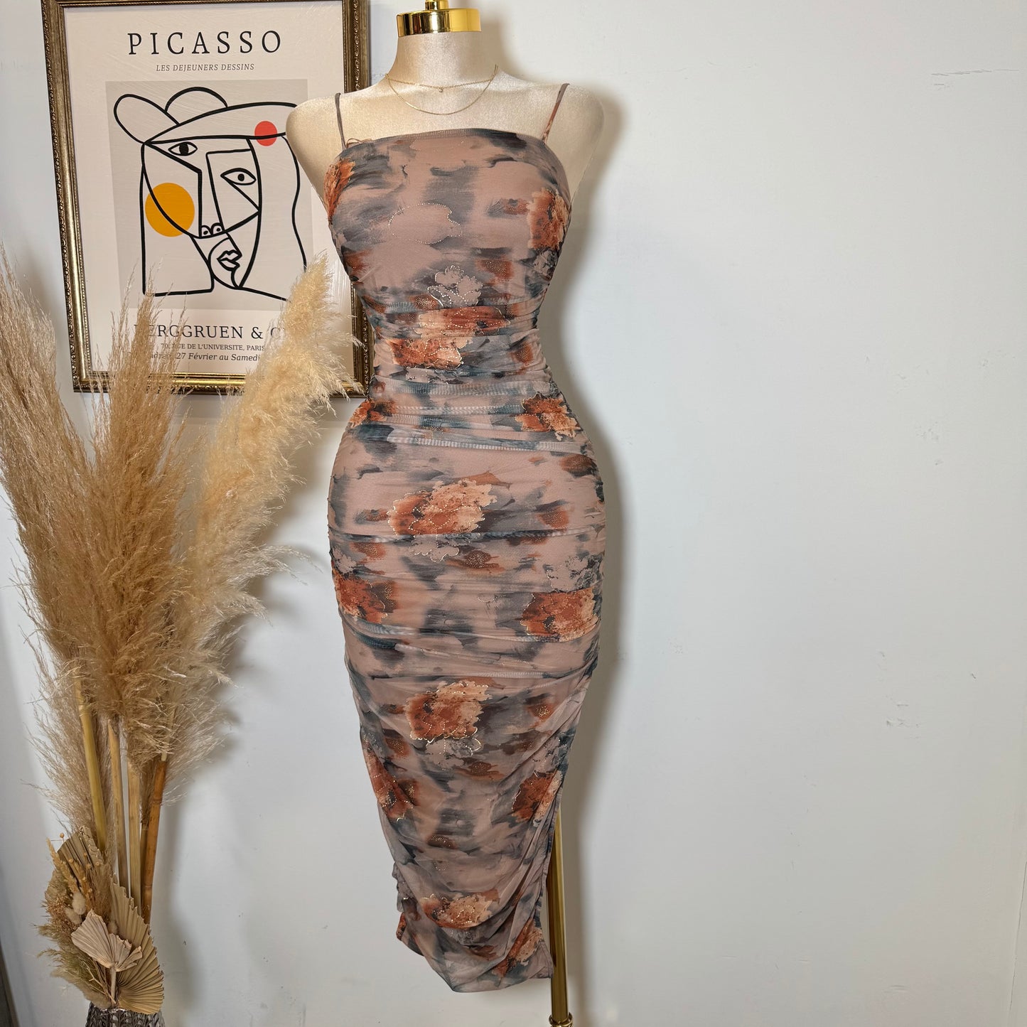 Gold Metallic Mesh Print -Latte