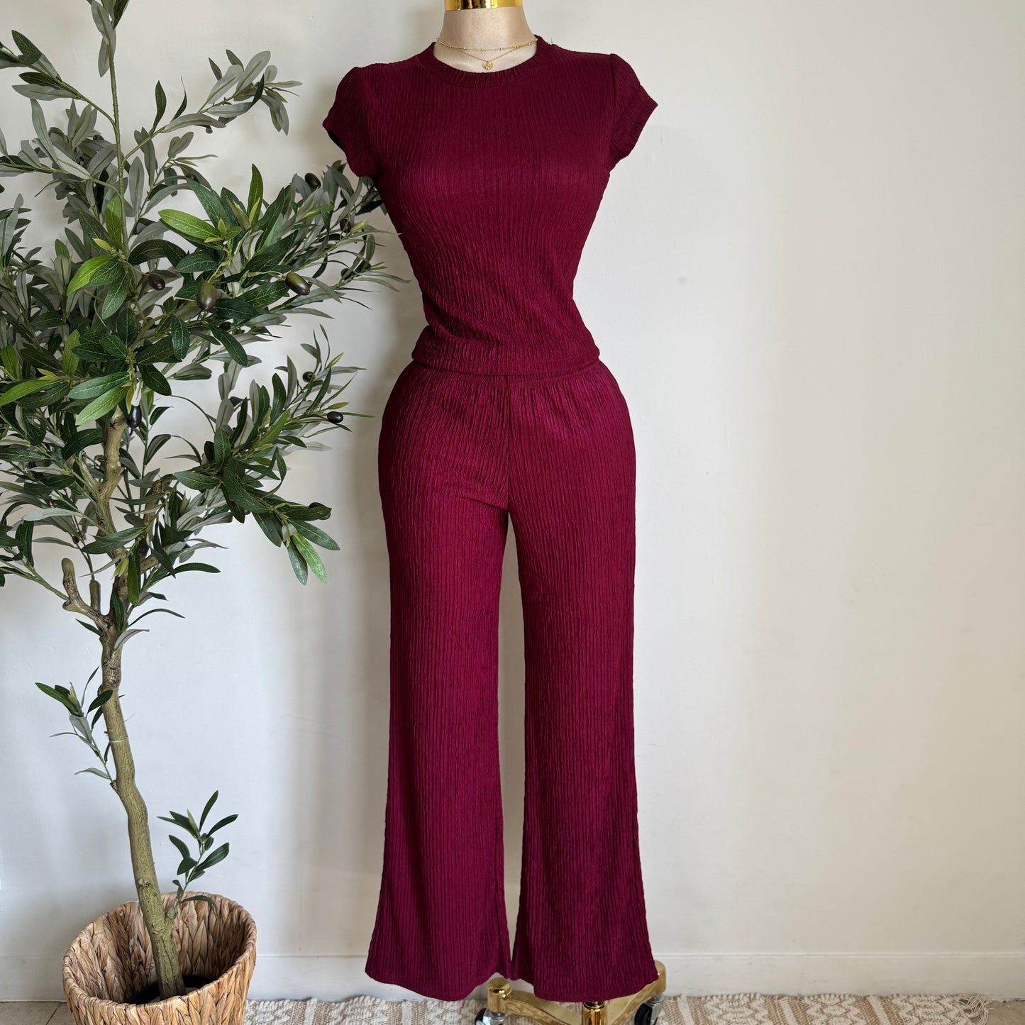 Tamara Short Sleeve Piece Set-Burgundy