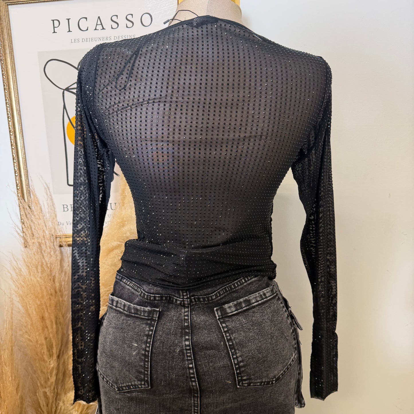 Rhinestone Cowl Long Sleeve Top-Black