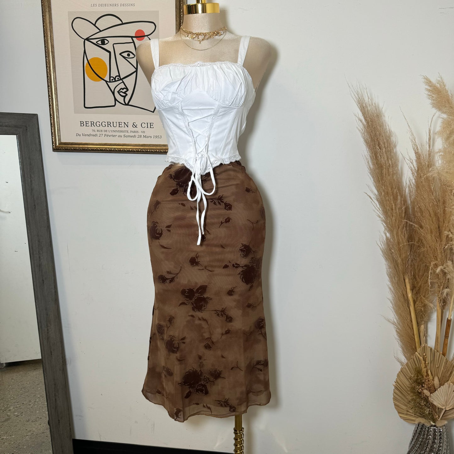 Midi Flower Print Mesh Skirt -Brown