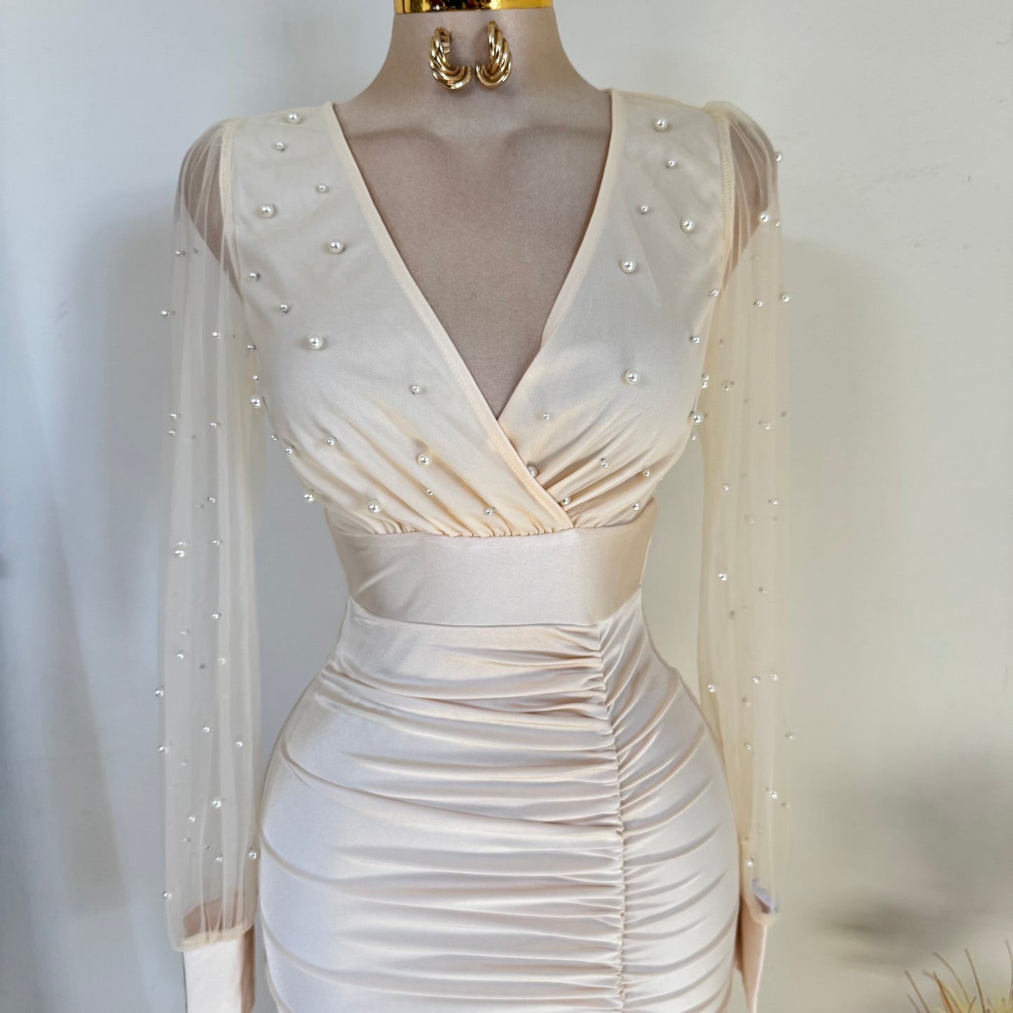 Pearl Beaded Mesh Power Satin Midi Dress-Cream
