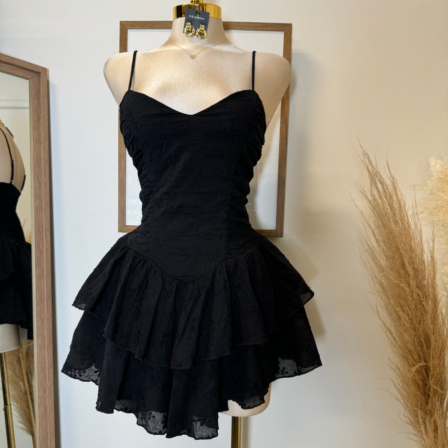 Ruched Smocked Double Layer Mini Dress-Black