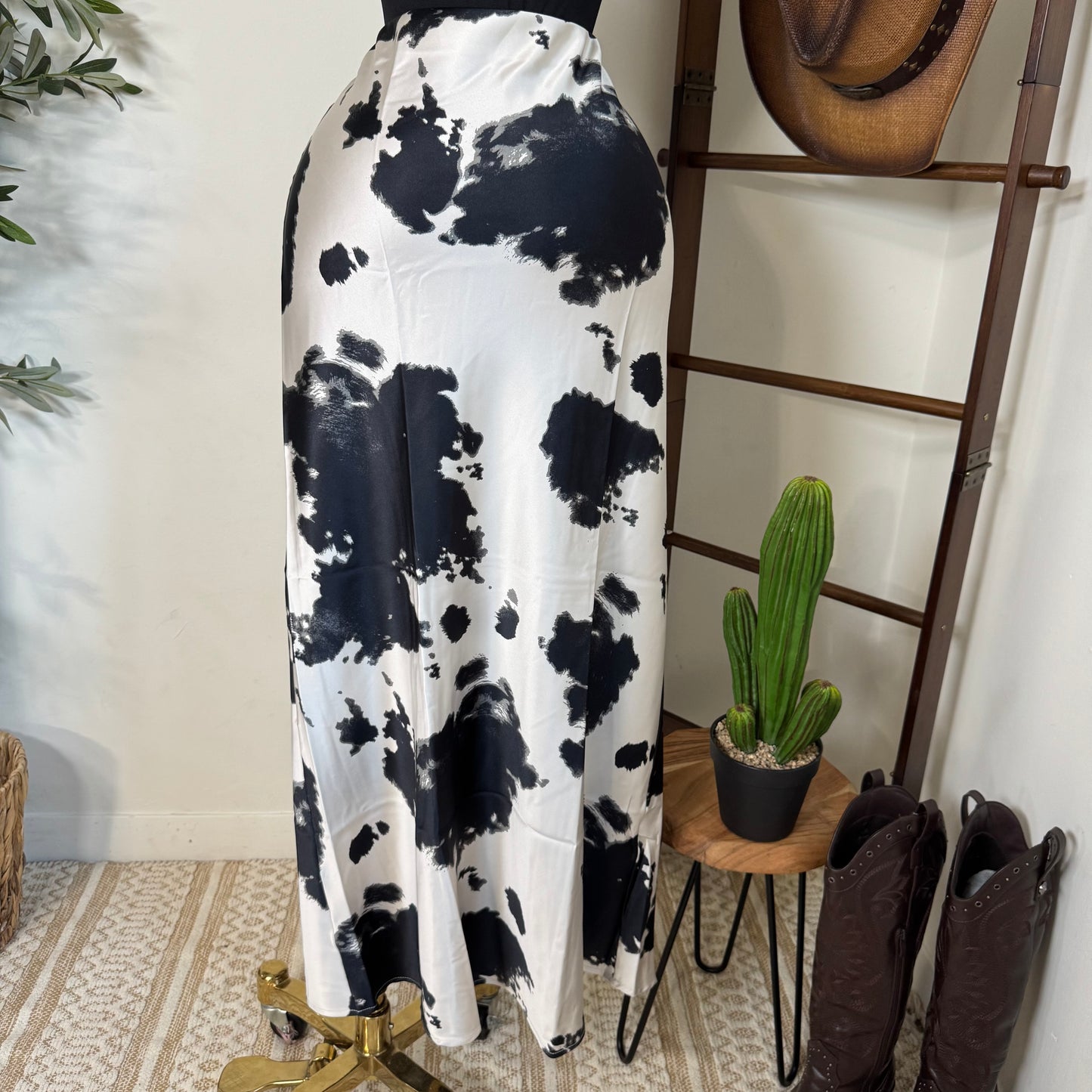 Cow Print Satin Maxi Skirt-Black