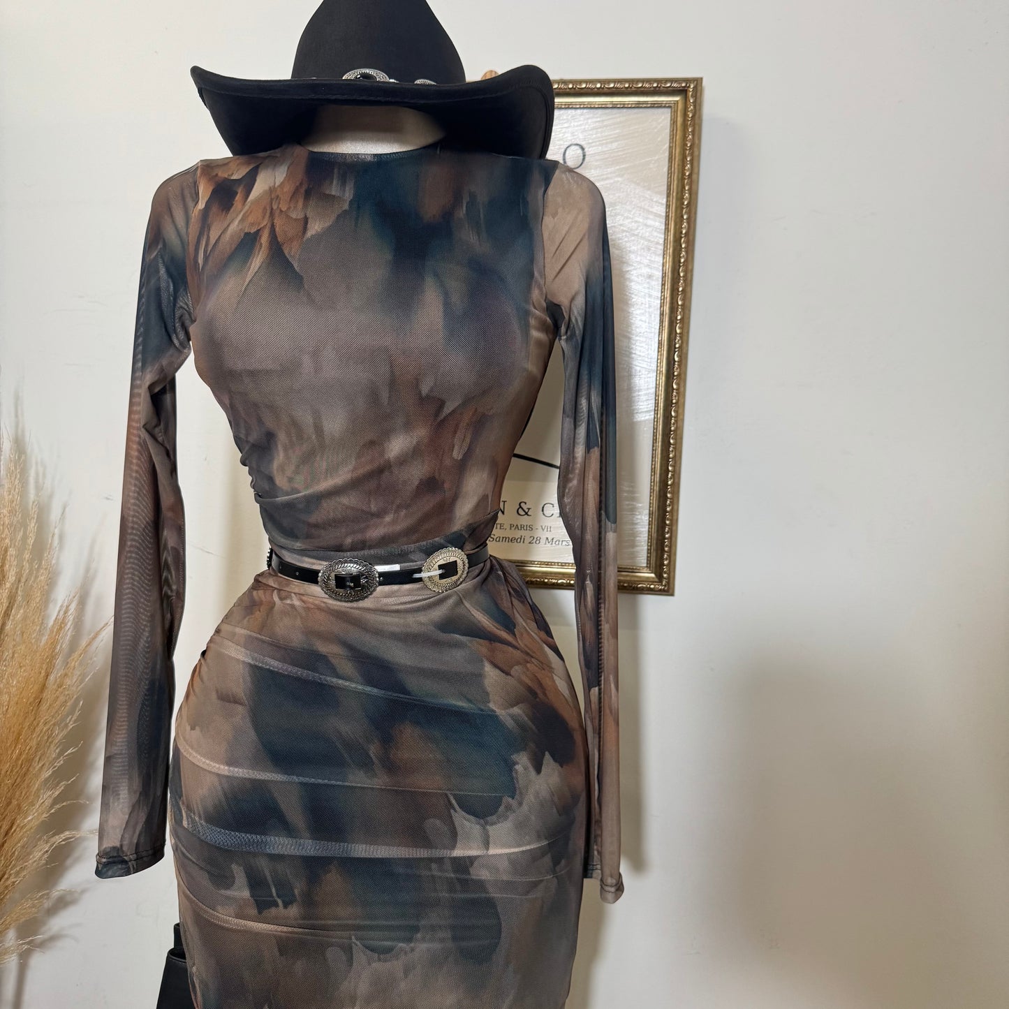 Multi Colored Mesh Maxi Dress-Brown Combo