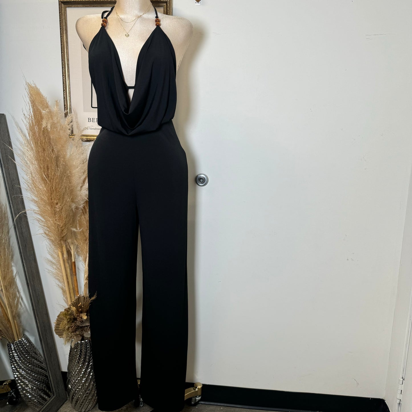 Bead Cowl Neck Halter Jumpsuit-Black