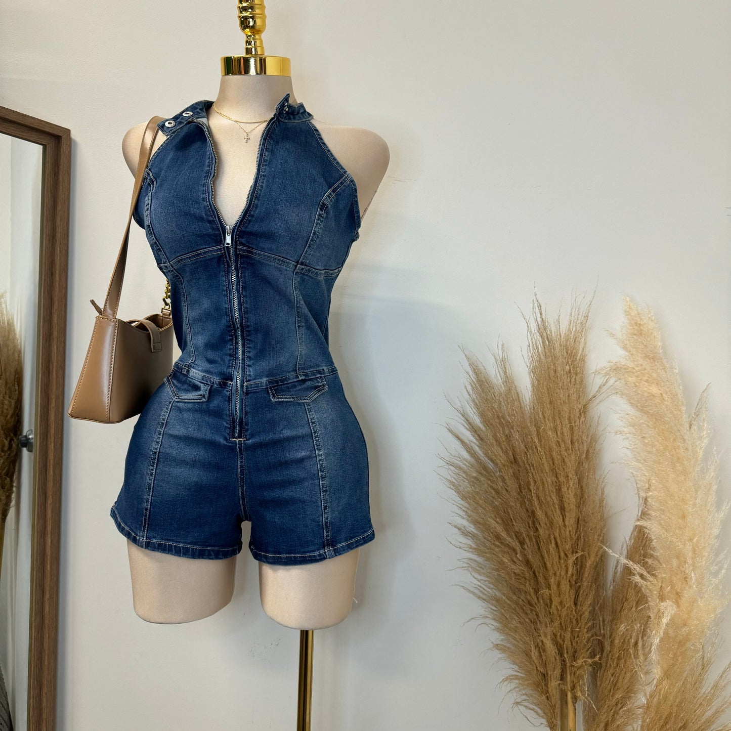 Denim Halter Romper-Dk Blue