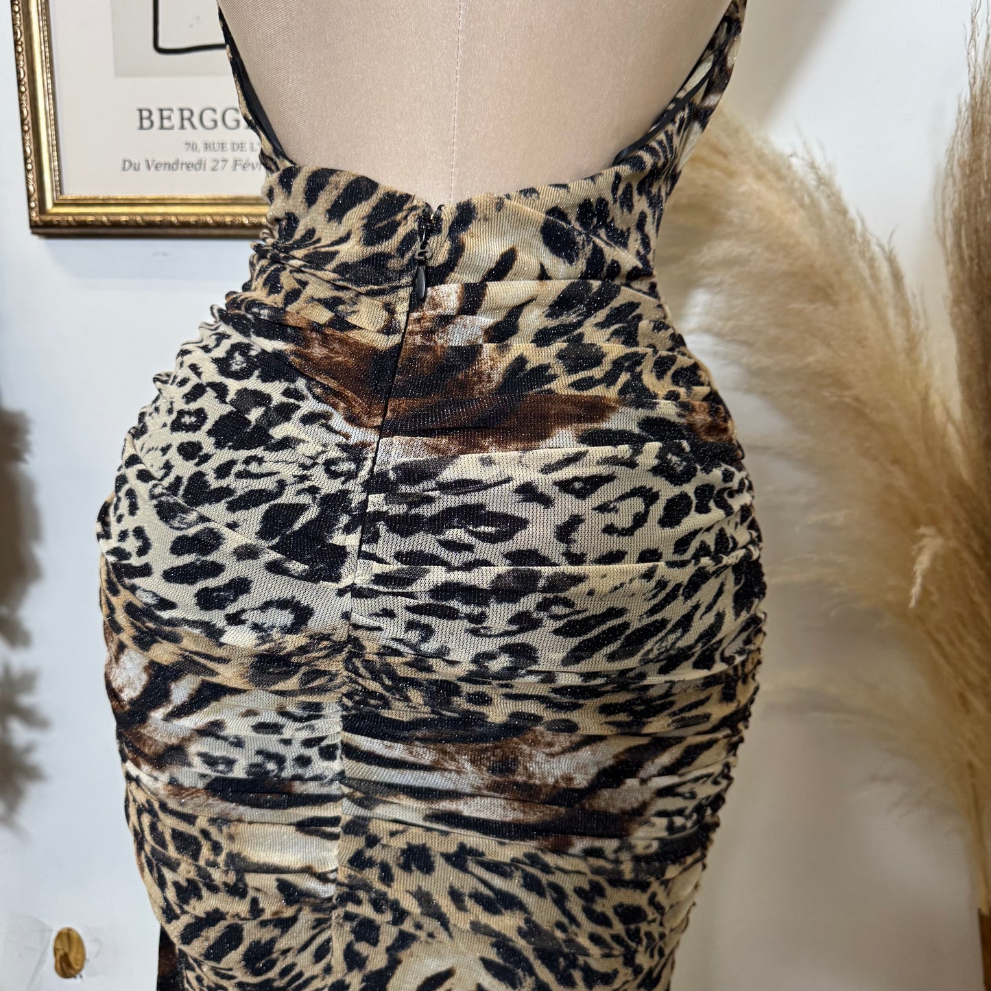 Deep Plunge Halter Cowl Neck Tiger Print a-Line Midi Dress-Brown/Black
