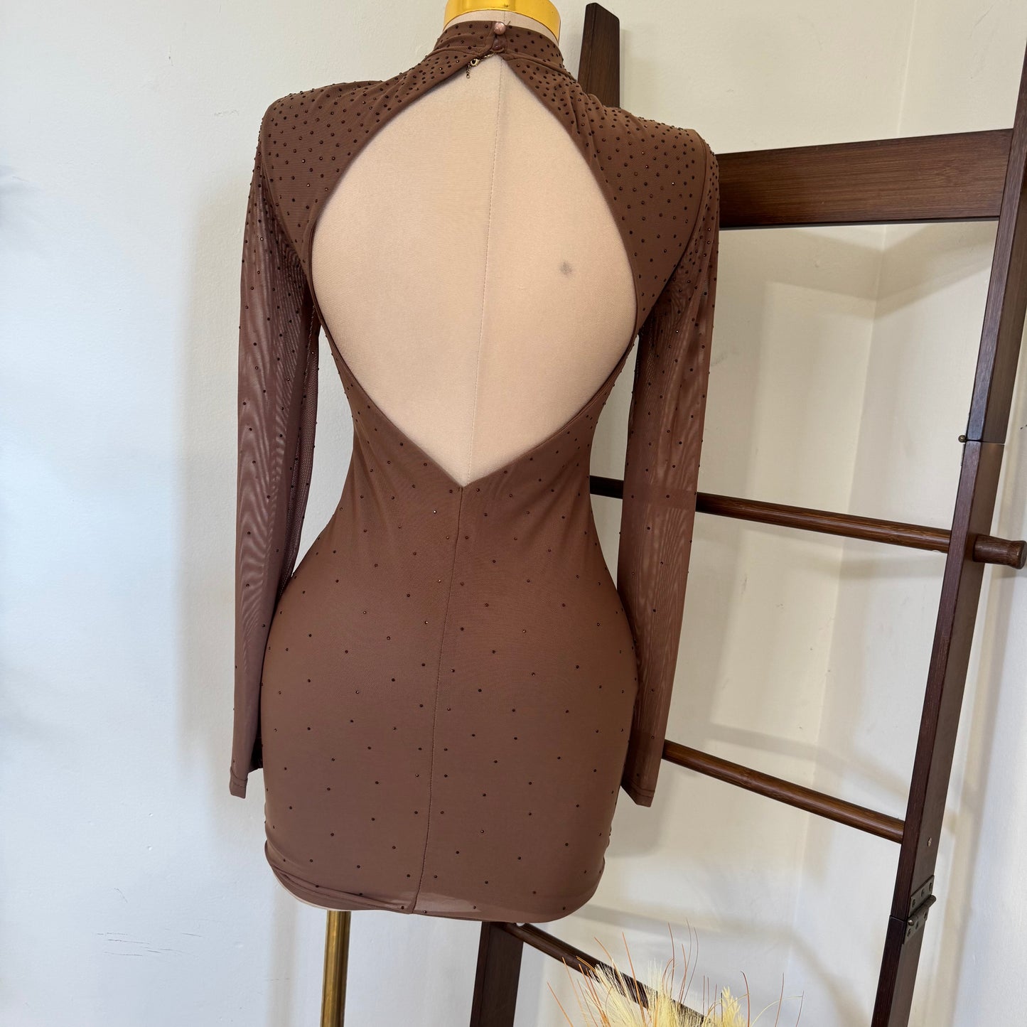 Mesh Mock Dress Rhinestone Open Back Mini Dress-Mocha