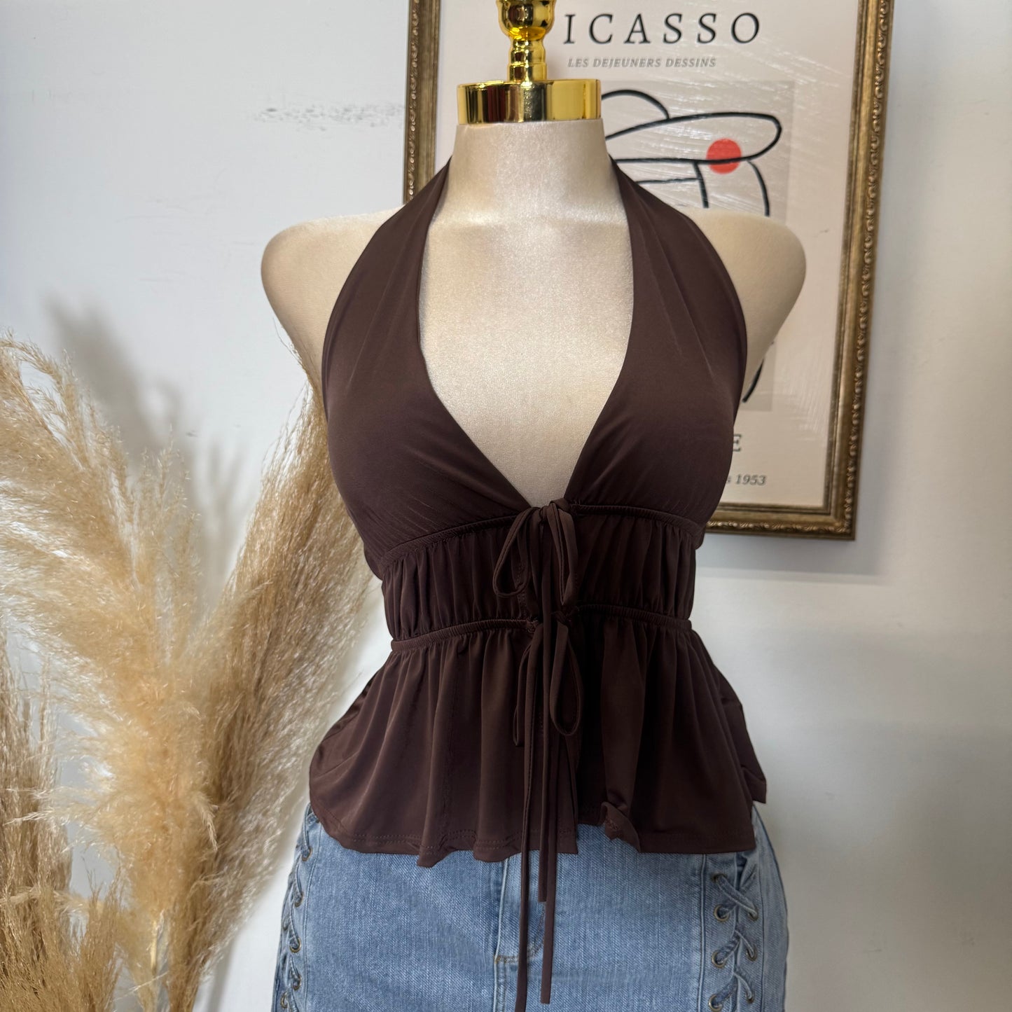 Halter Front Tie Venechia Top-Brown