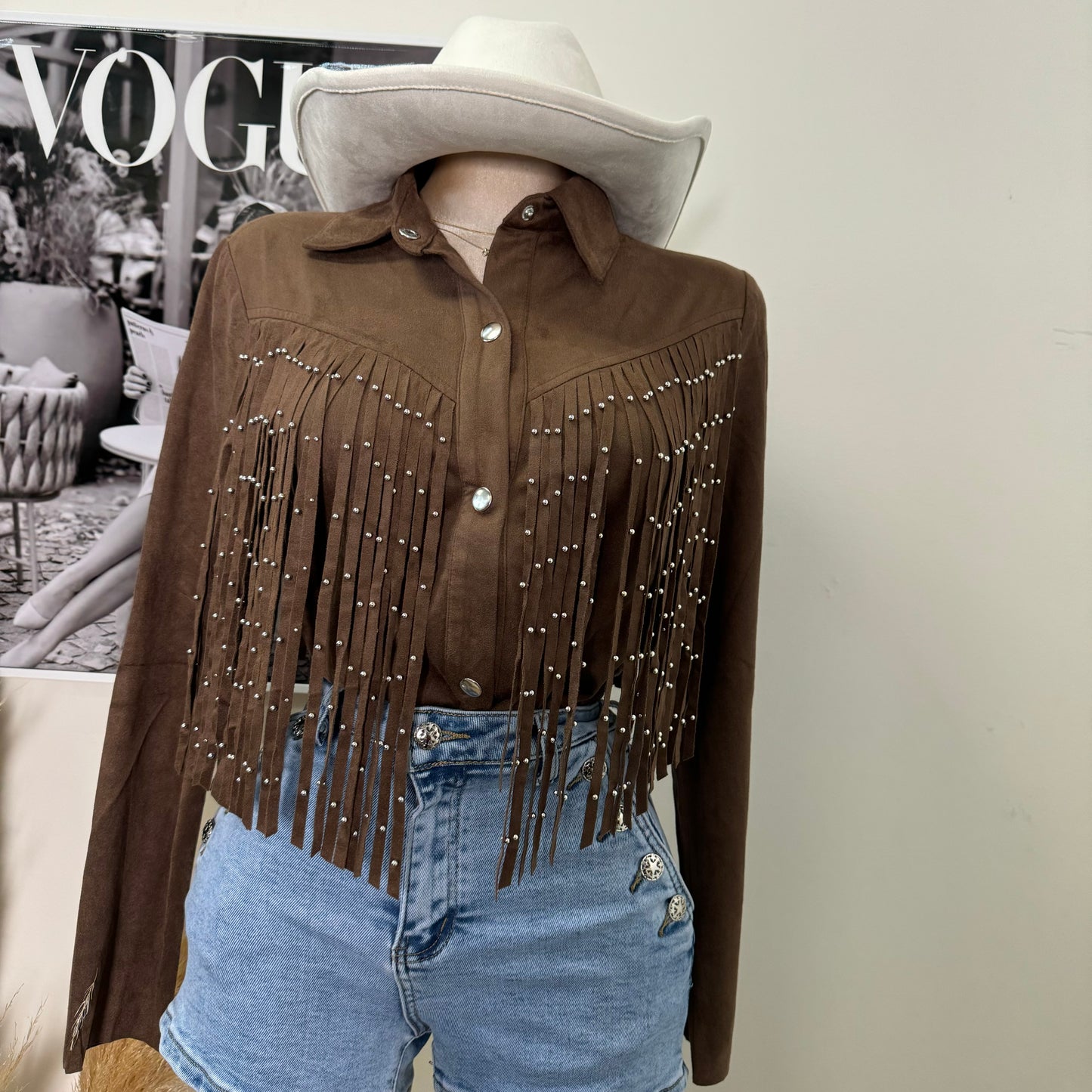Suede Stud Fringe Shirt-Brown