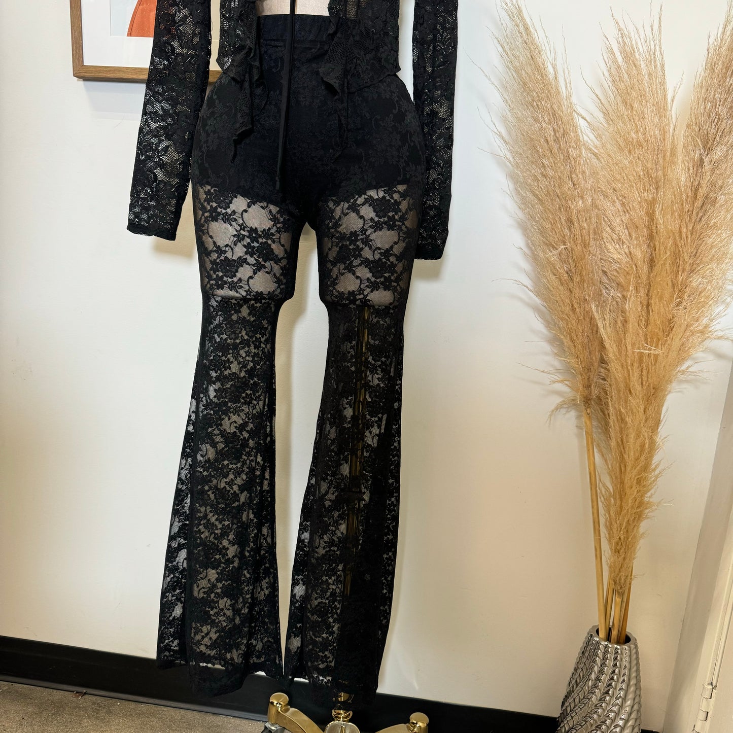 High Waisted Lace Pants-Black
