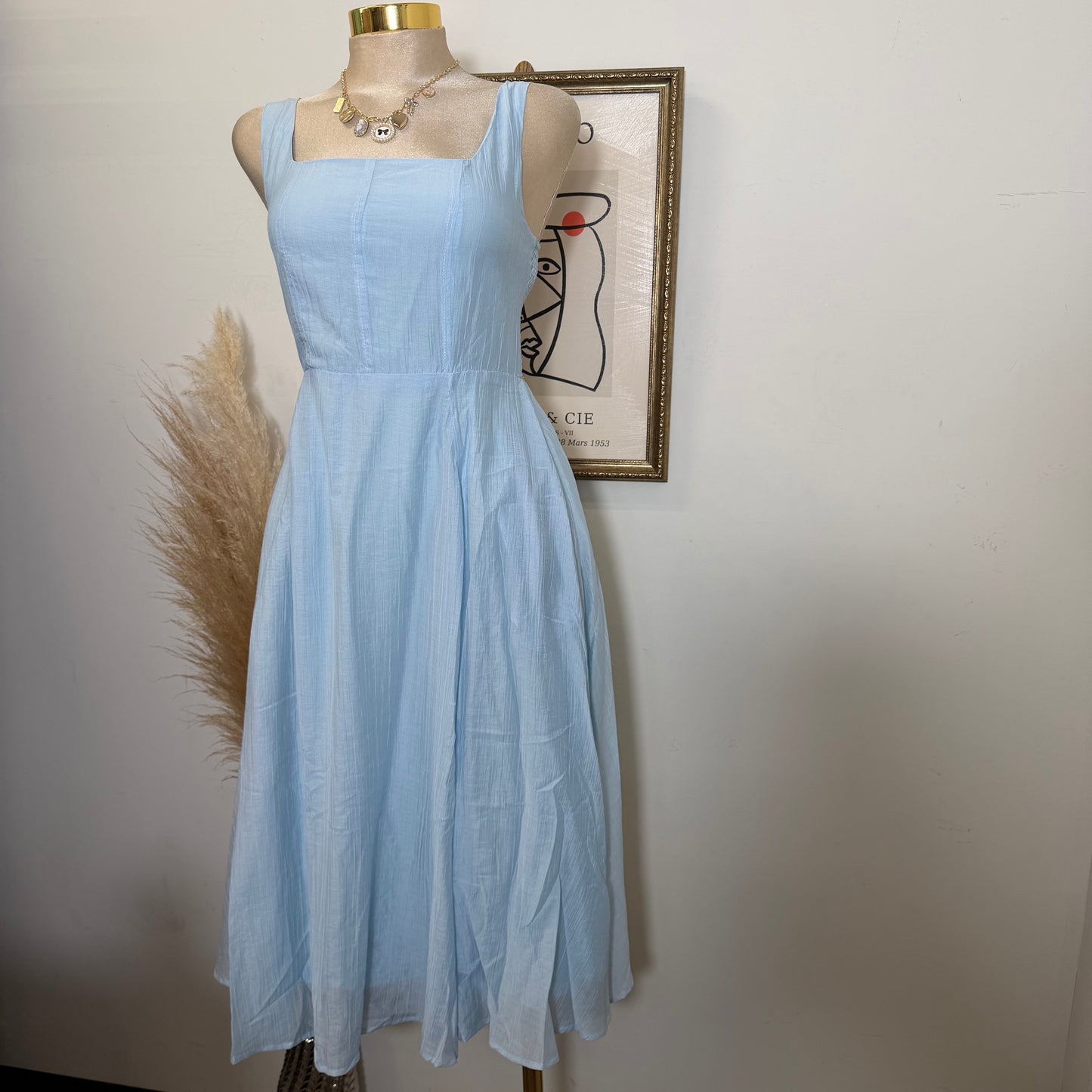 Square Neck Midi Dress-Blue