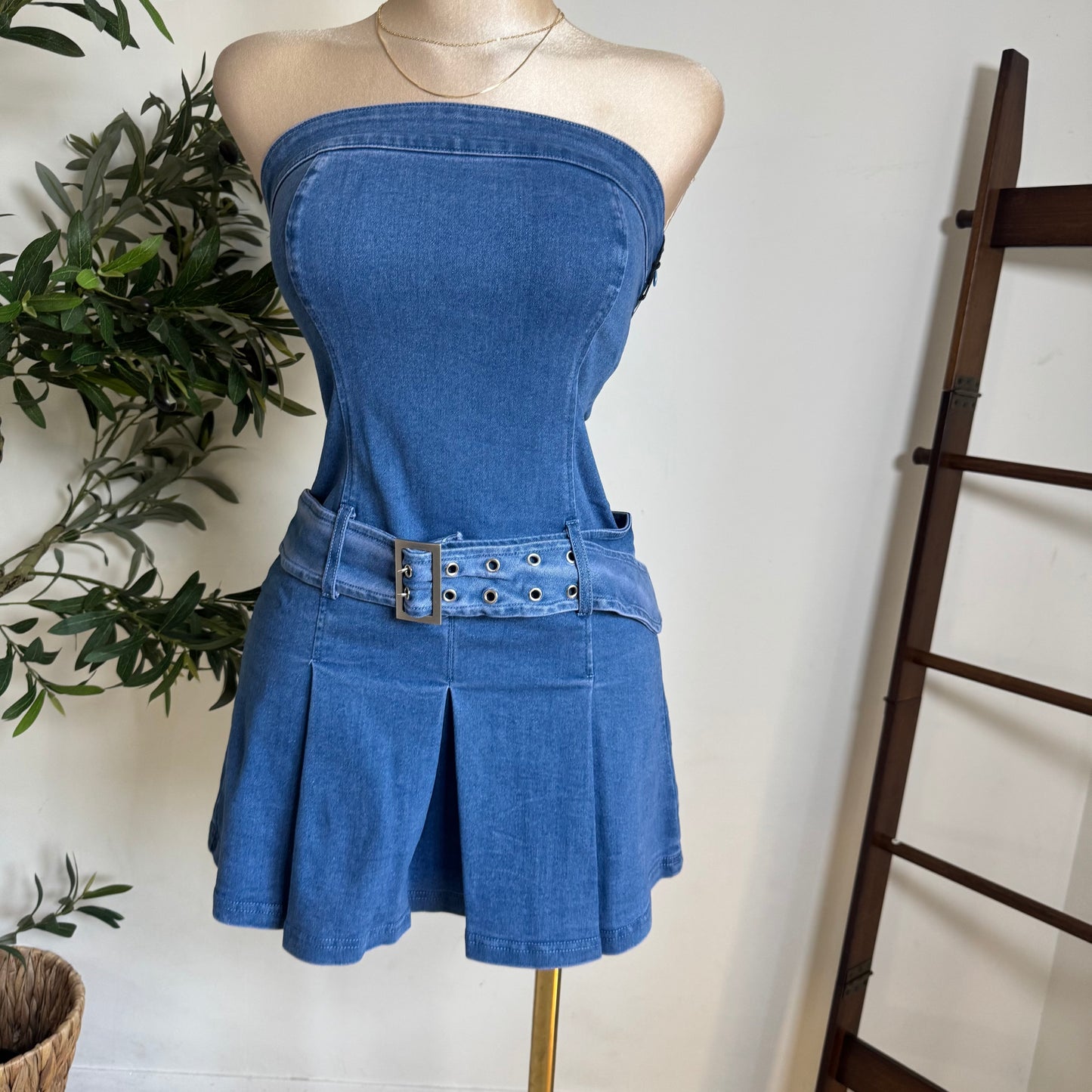 strapless Denim Belted Dress-Denim