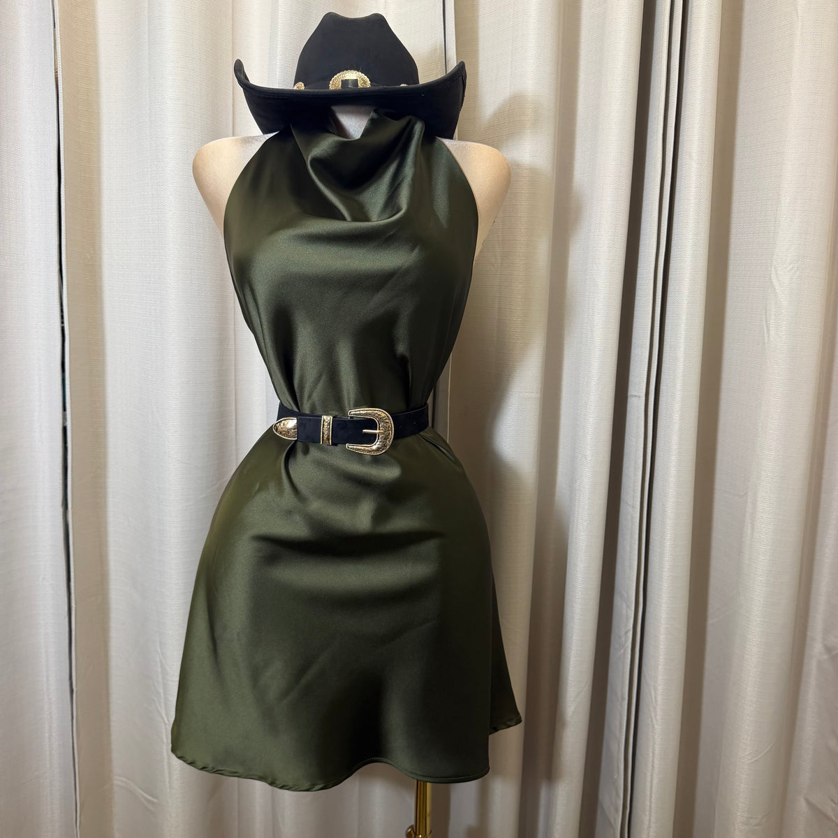 Halter Satin Mini Dress-Olive