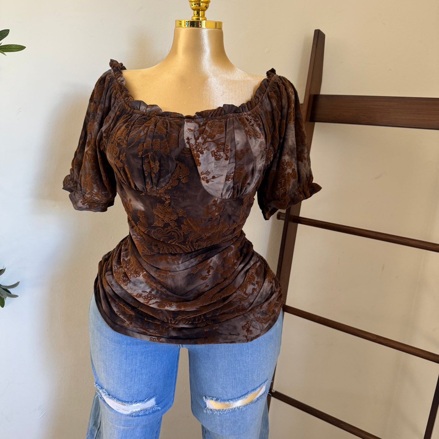 Off Shoulder Plus size Top-Brown