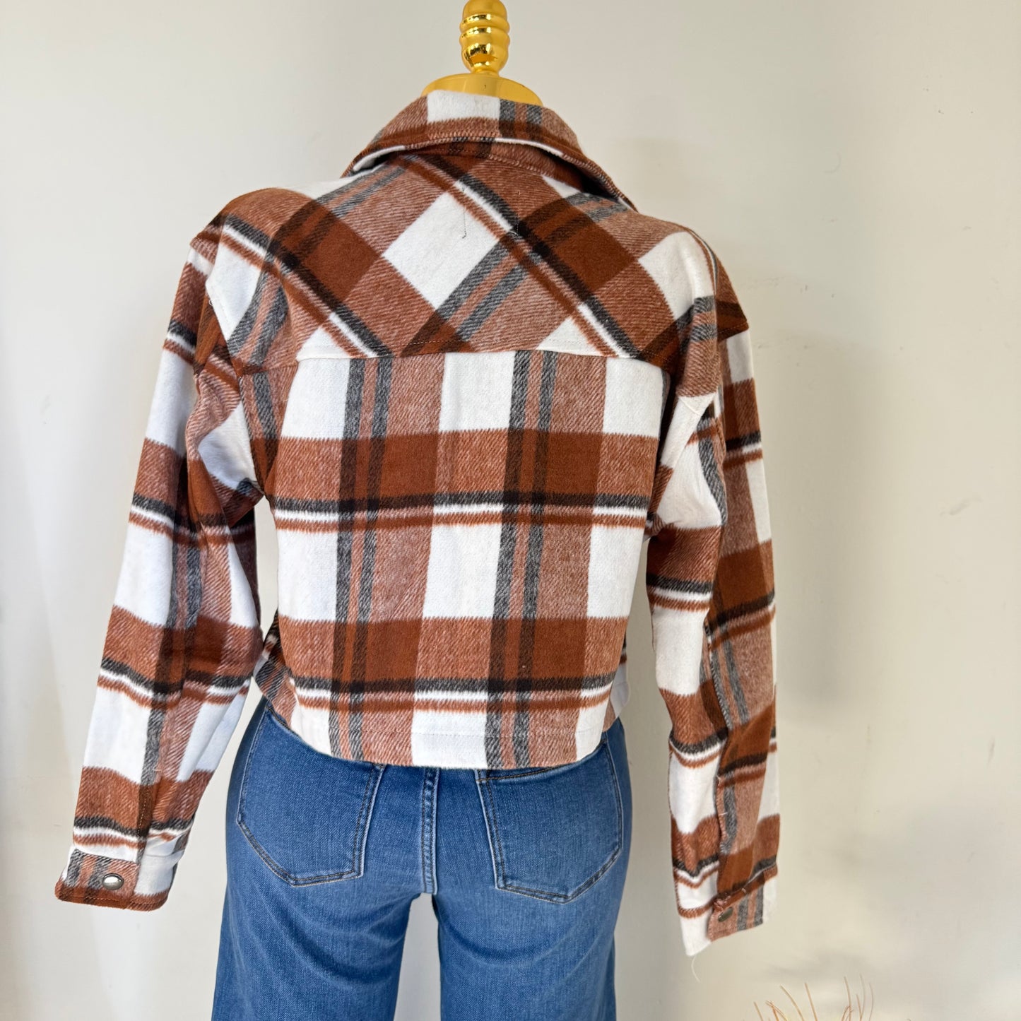 Plaid Cropped Button Down Jacket-Terra