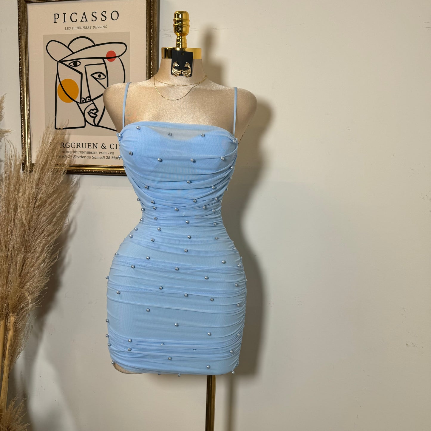 Pearl Mesh Ruched Sleeveless Mini Dress-Baby Blue