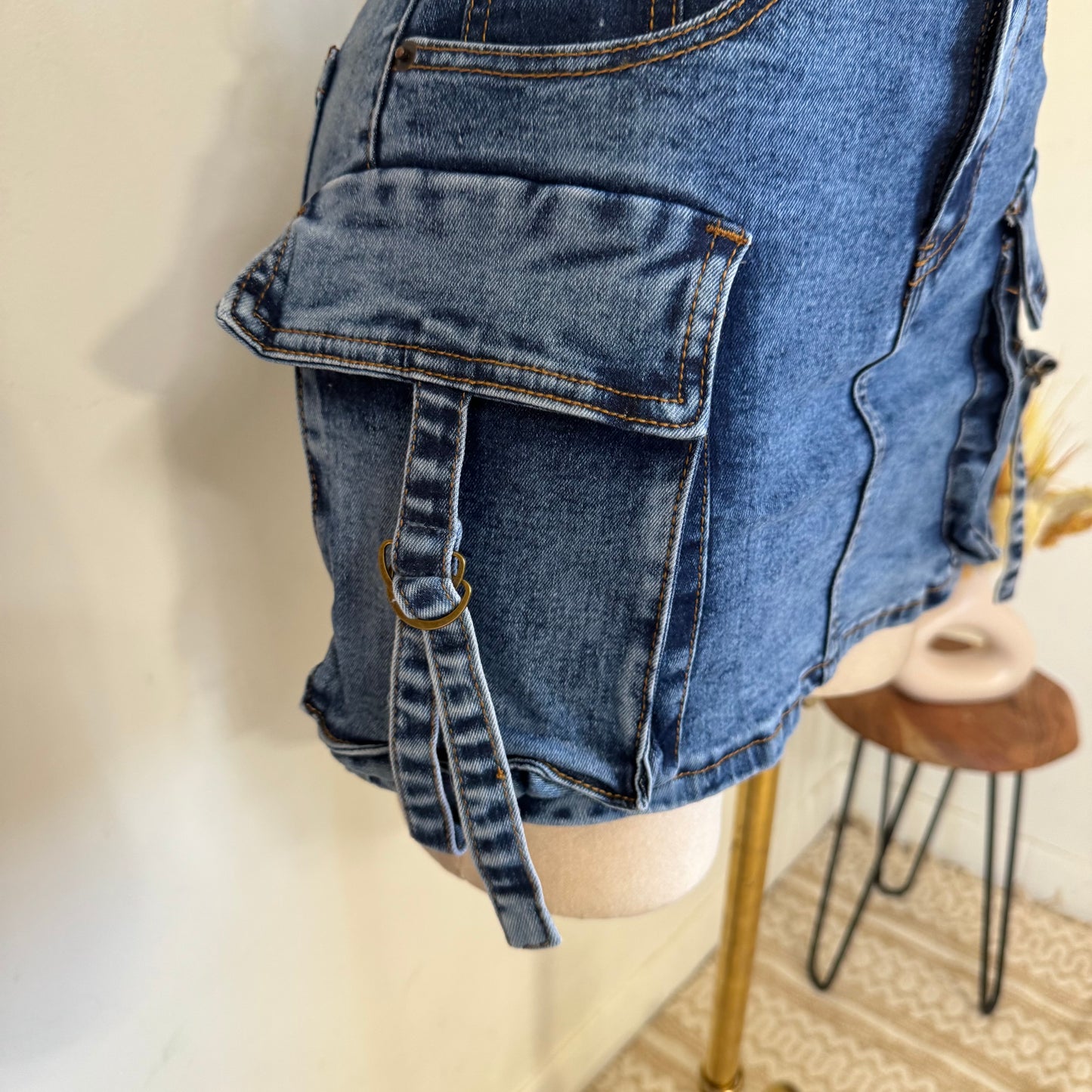 Cargo Denim Mini Skirt-Denim