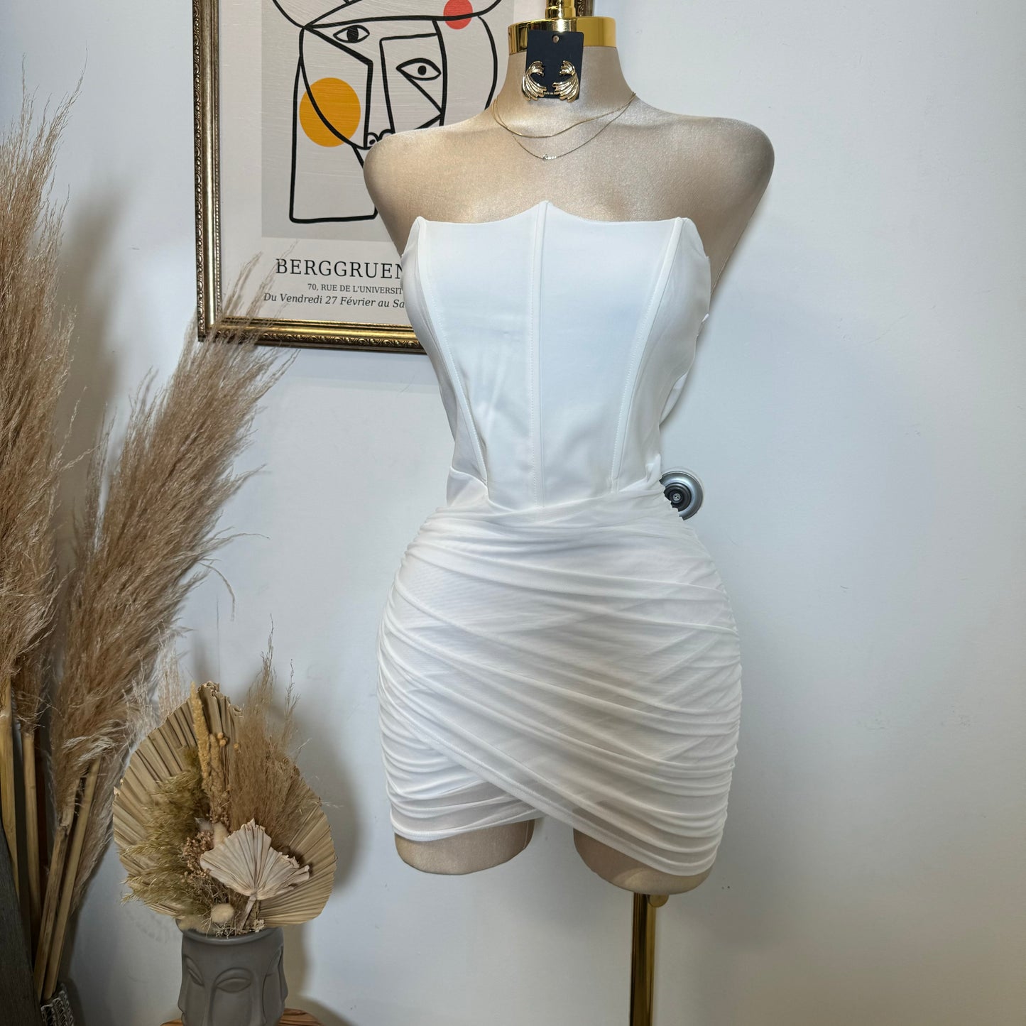 Stretch Woven Corset Detail Mesh Ruched Mini Tube Dress-White