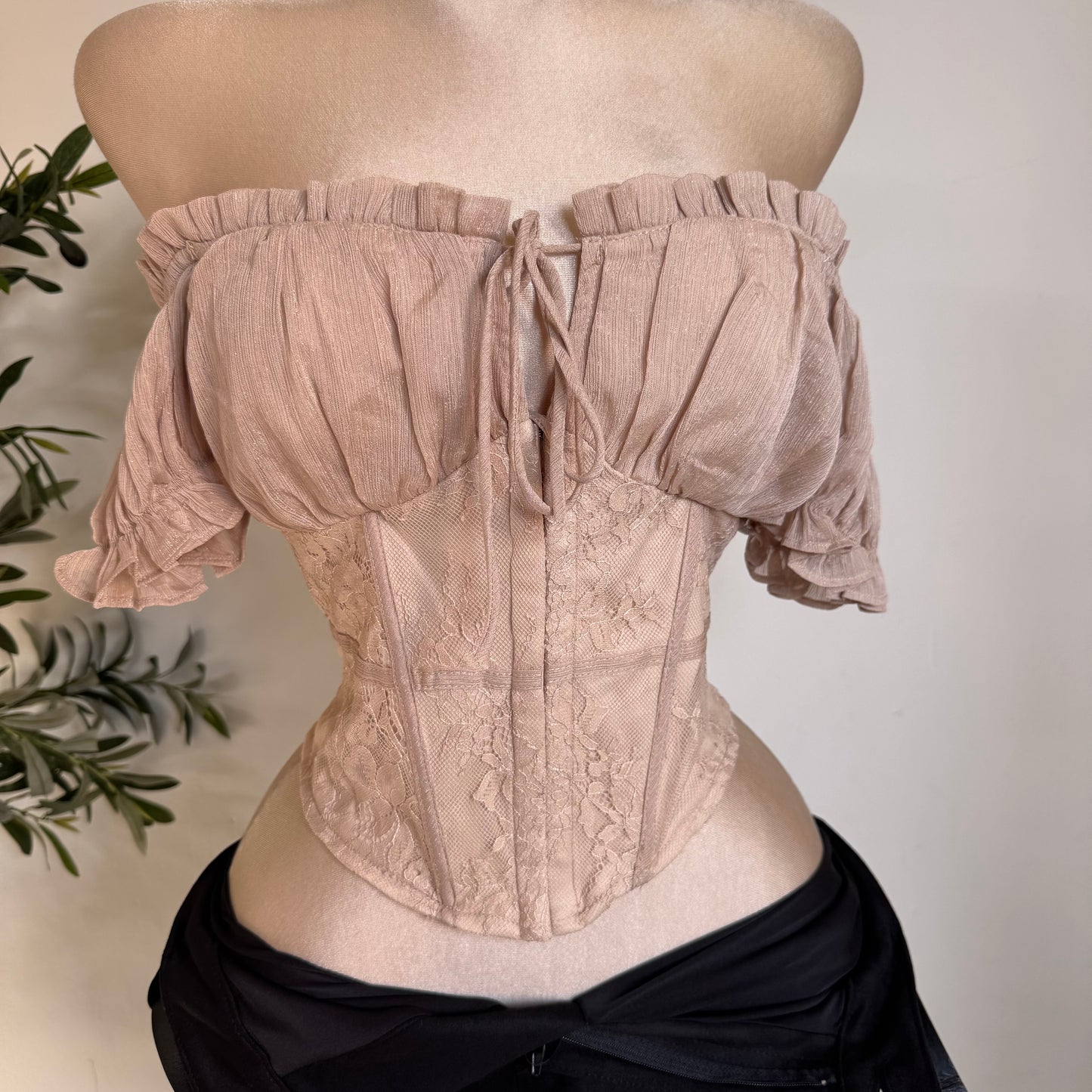 Shiny Ciffon With Lace Off Shoulder Top-Taupe