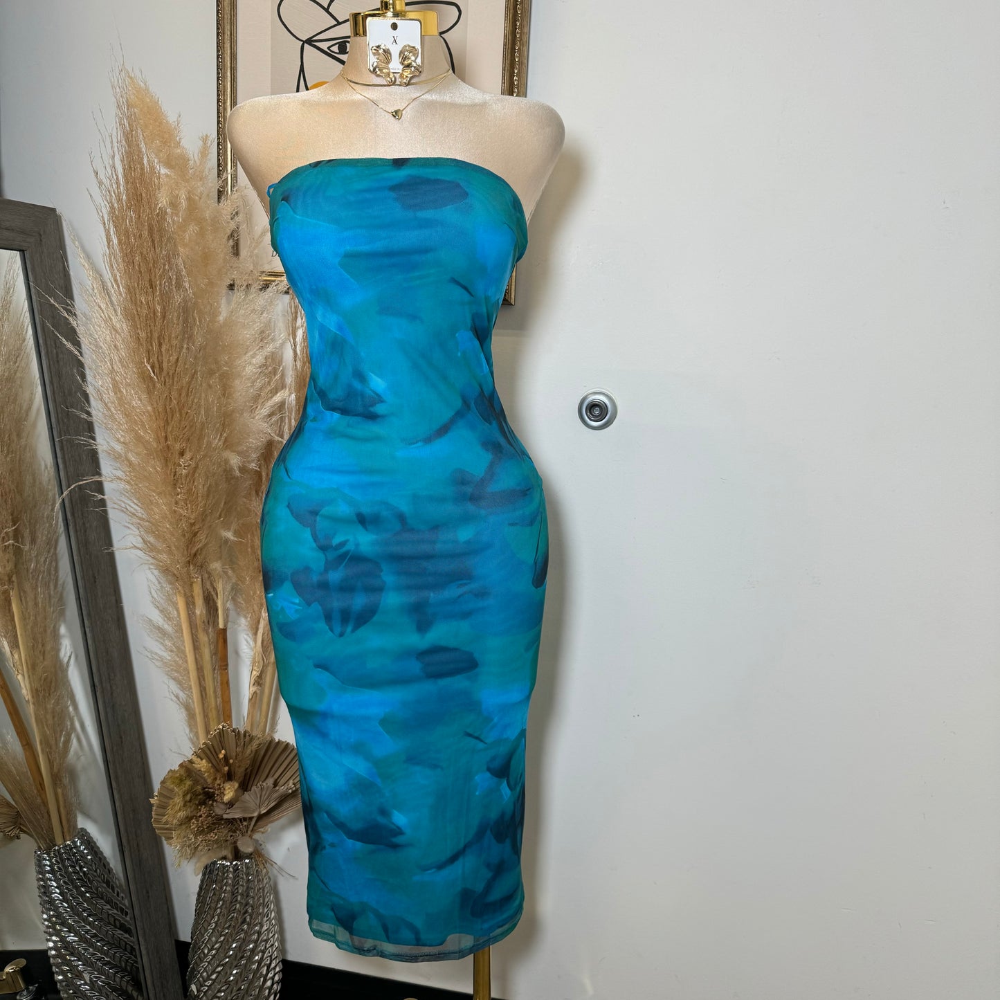 Mesh Print Tube Midi Dress-Blue