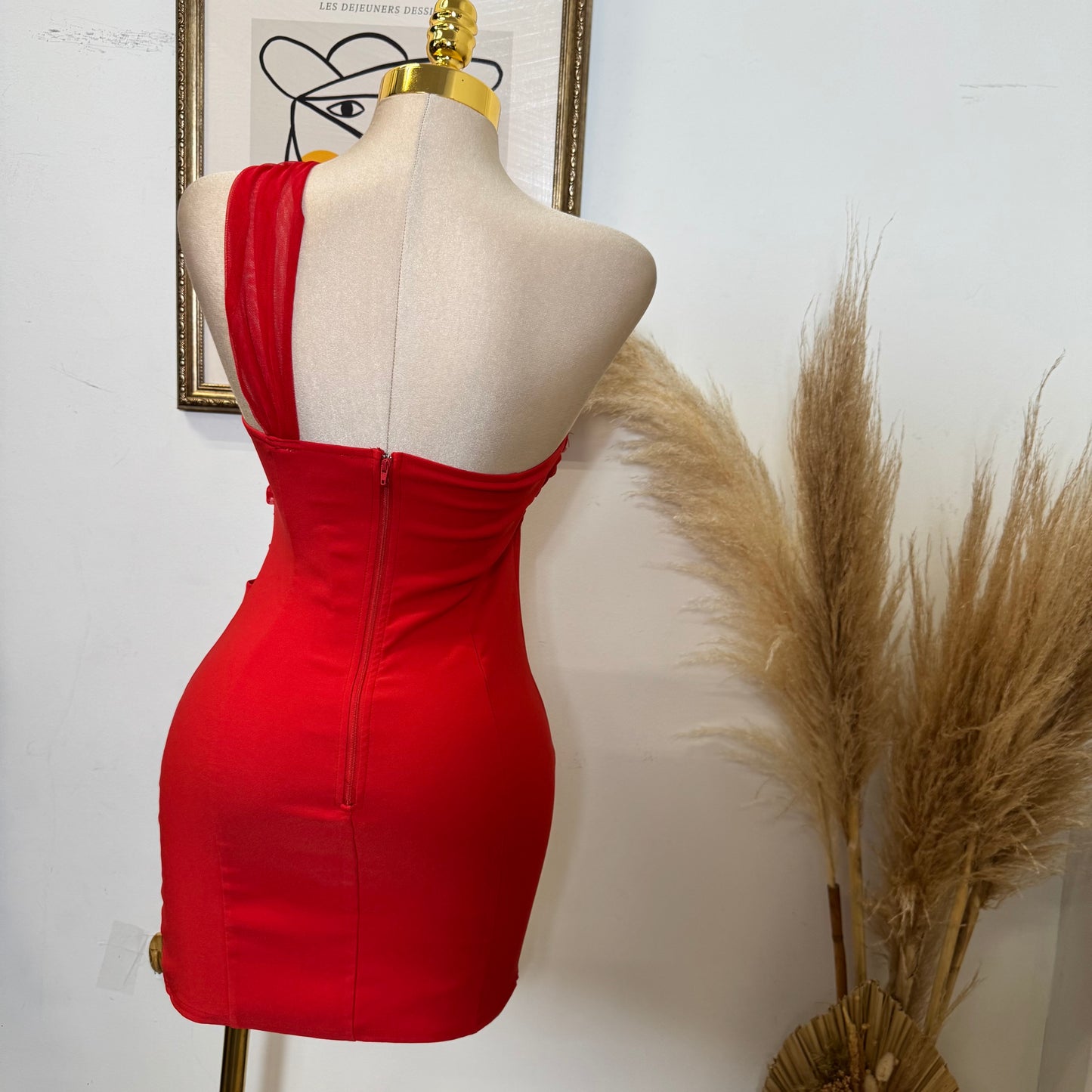 Red Dress One Shoulder Gold Detail-red
