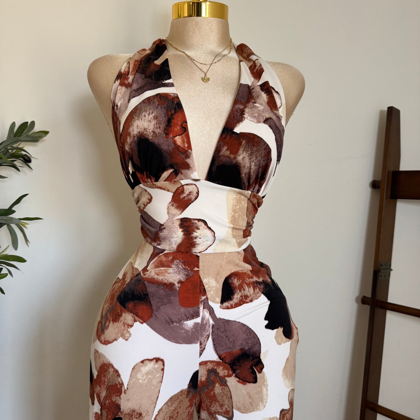 Halter Jumpsuit-Burgundy/Brown