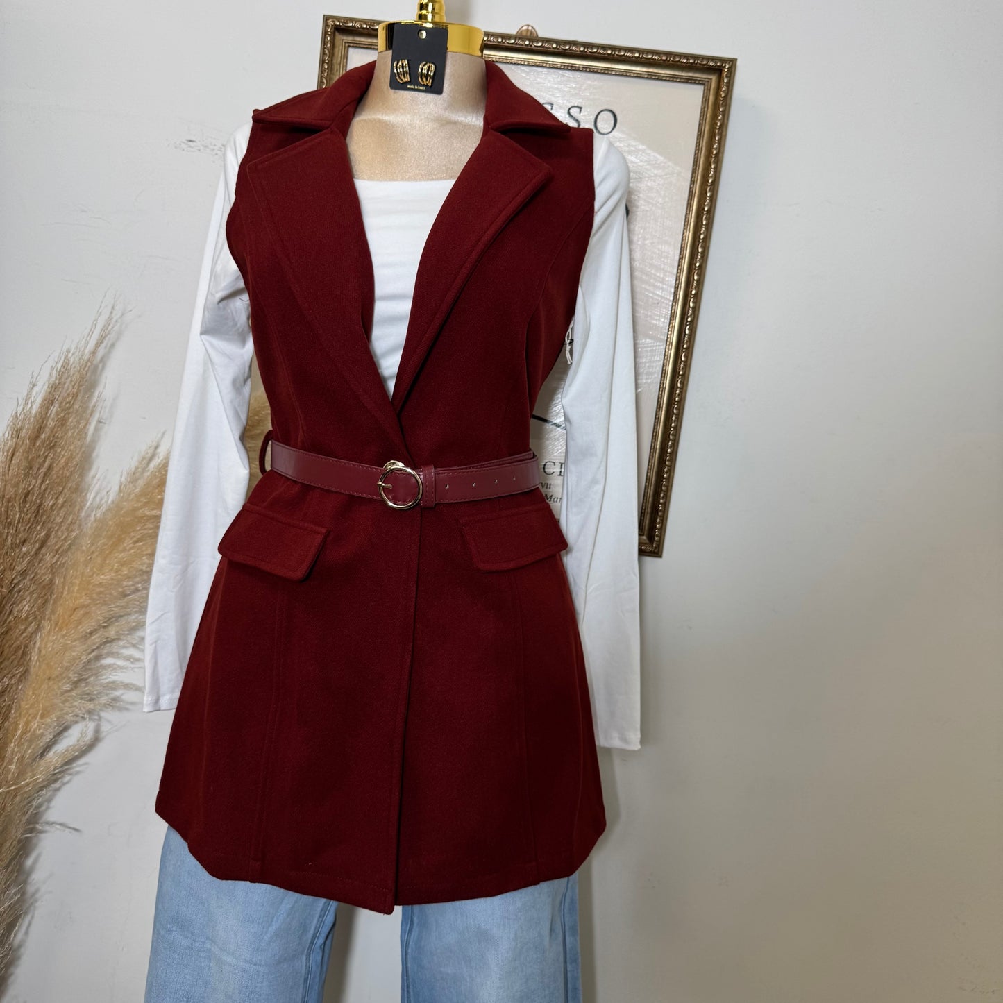 Brush leather Belted Blazer Coat Vest-burgundy