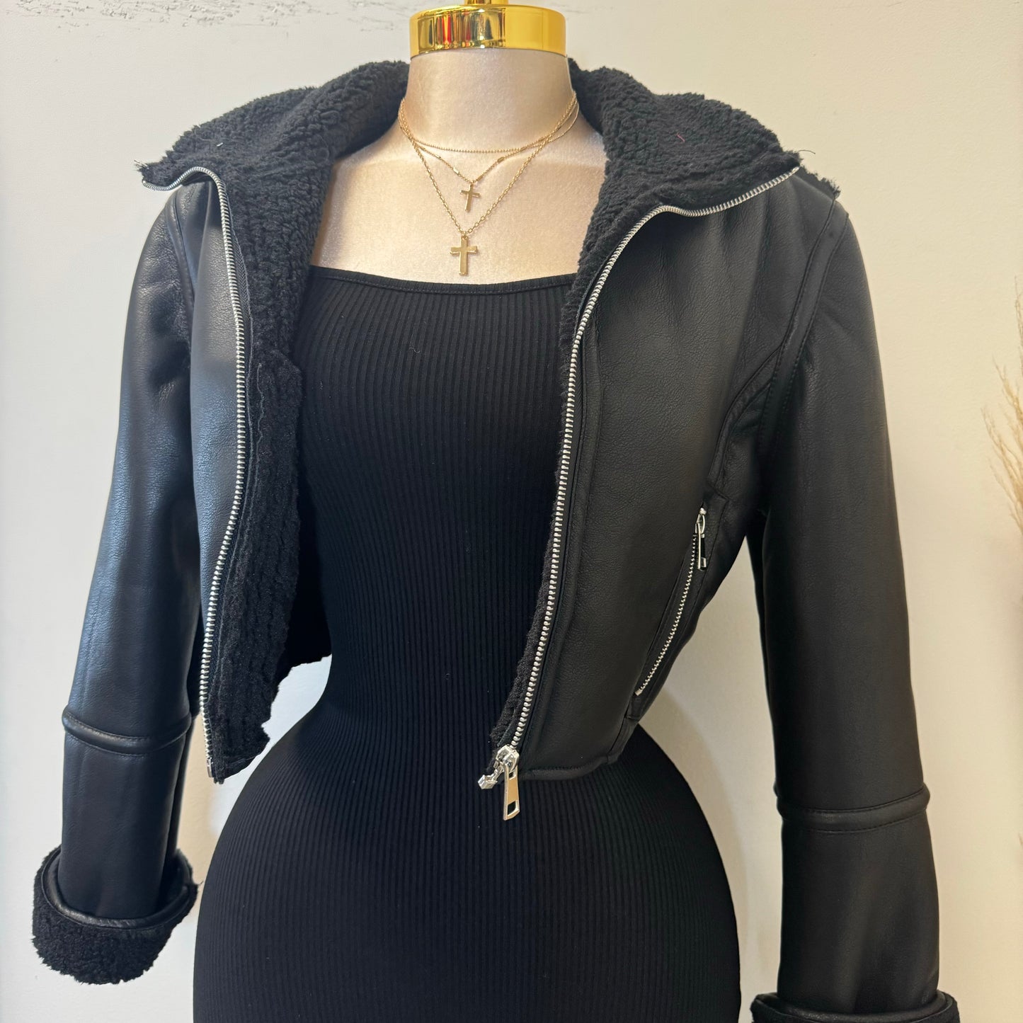 Mia Leather Cropped Jacket-Black