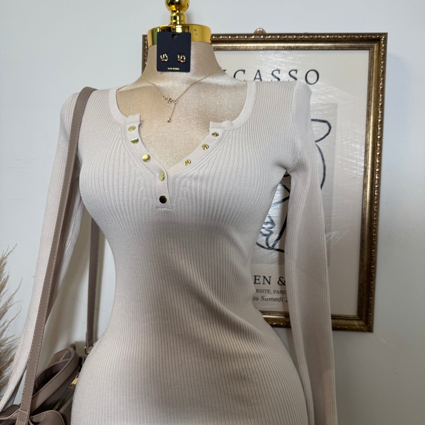 Henly Sweater Knit Long Sleeve Midi Dress-Cream