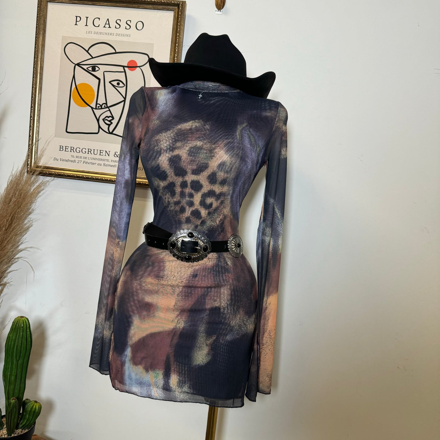 TORY Mesh Long Sleeve Dress-Multi Cheetah Print