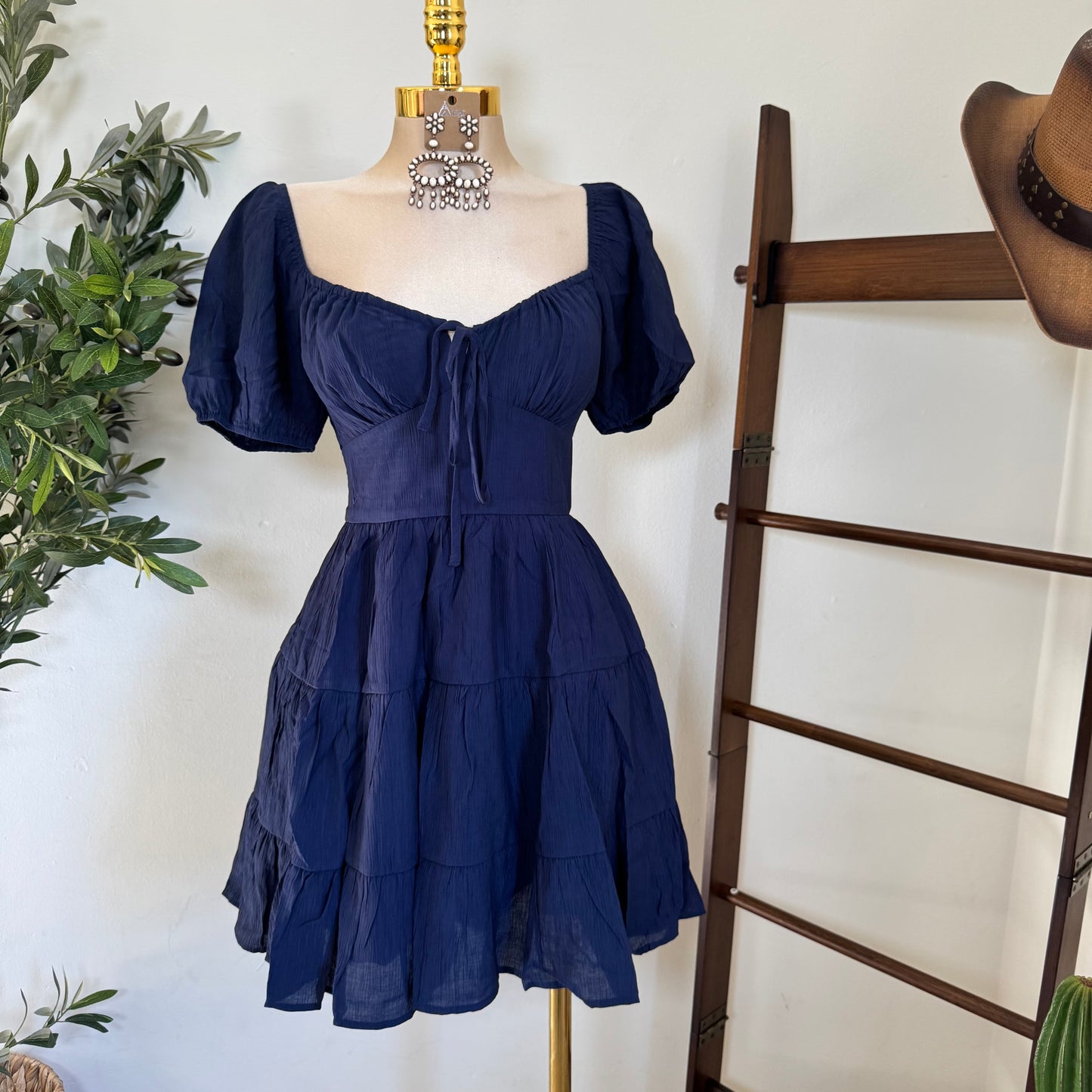 Puff Sleeve Tiered Mini Dress-Navy