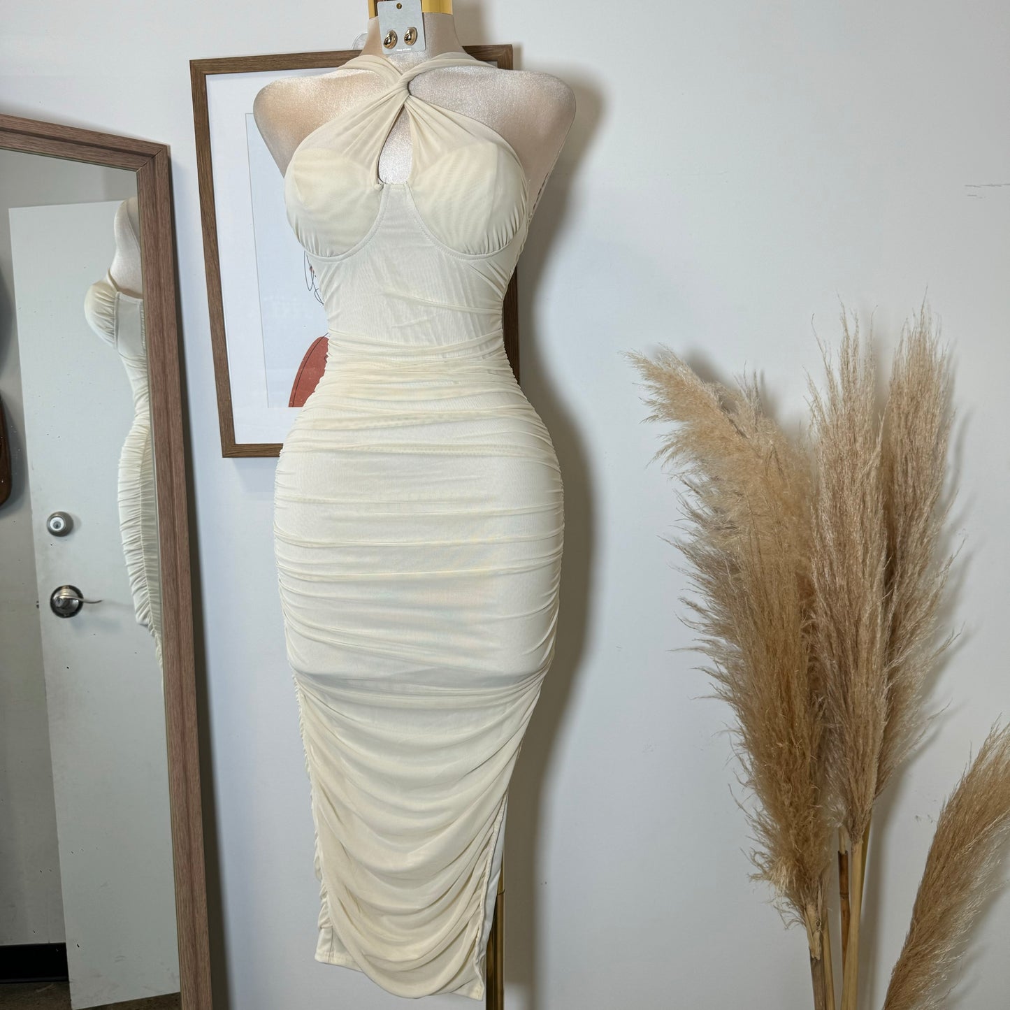 Inara Mesh Twist Halter Neck Midi Dress-Ivory1