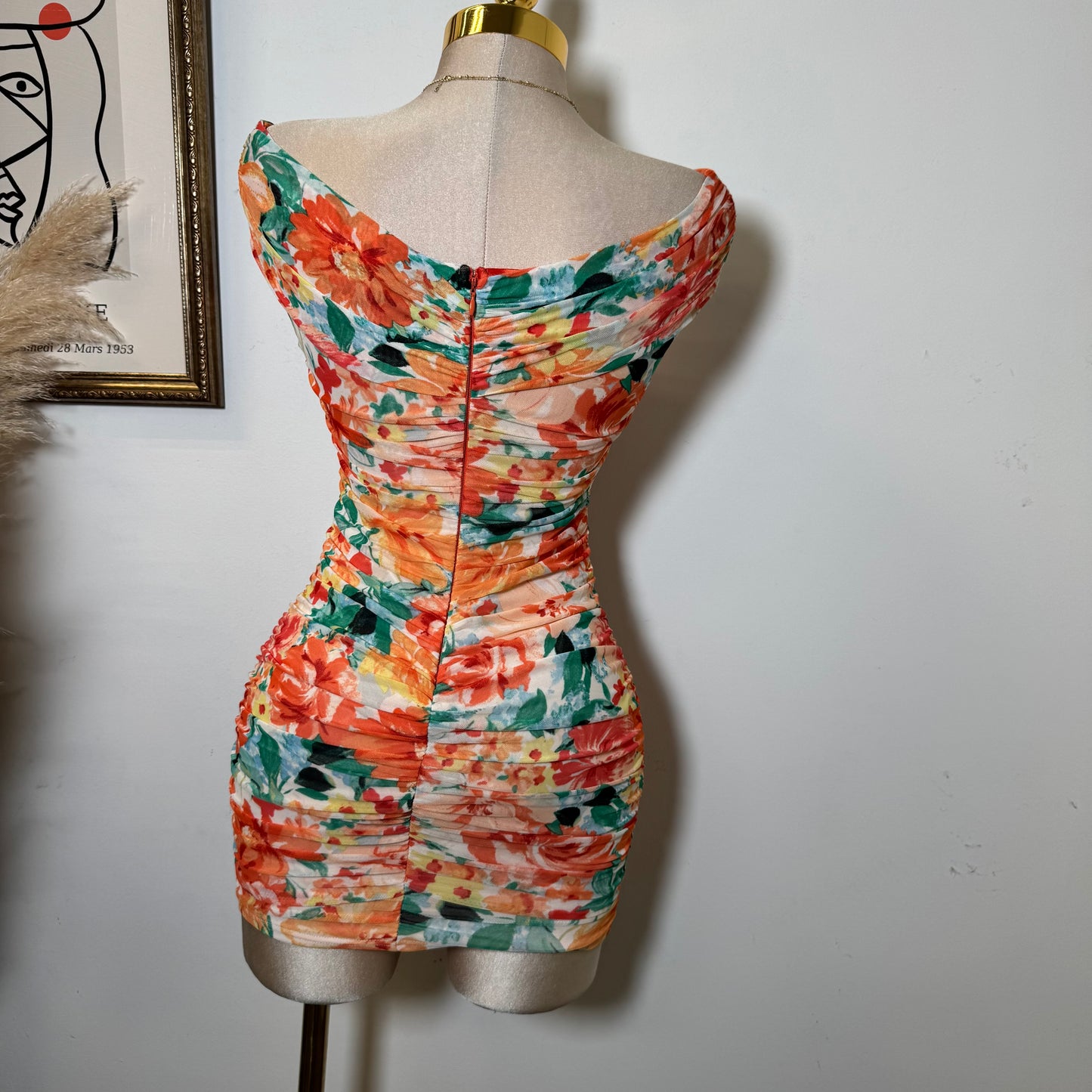Off Shoulder Wire Inset Ruching -Orange