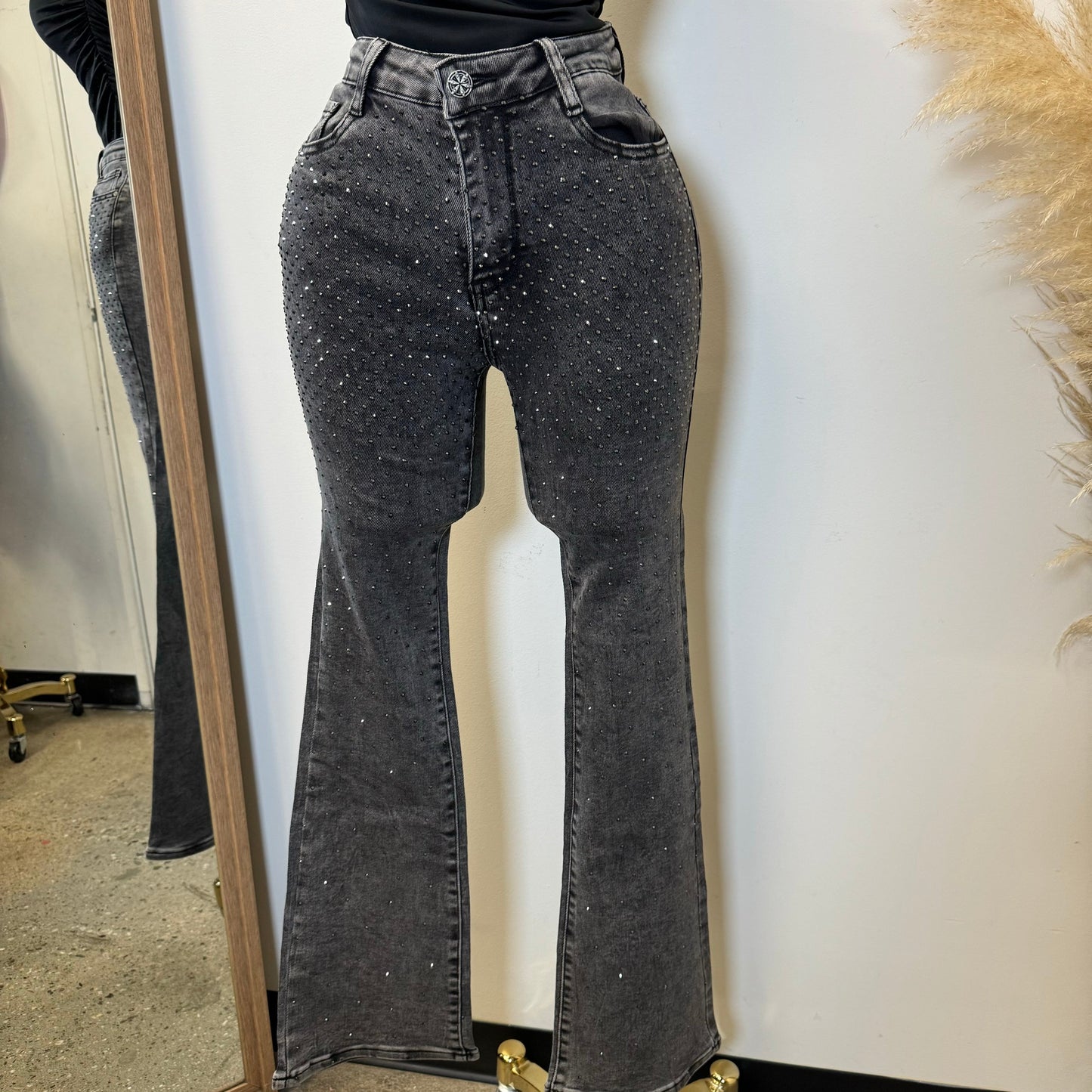 Rhinestone Flare Jeans- Grey