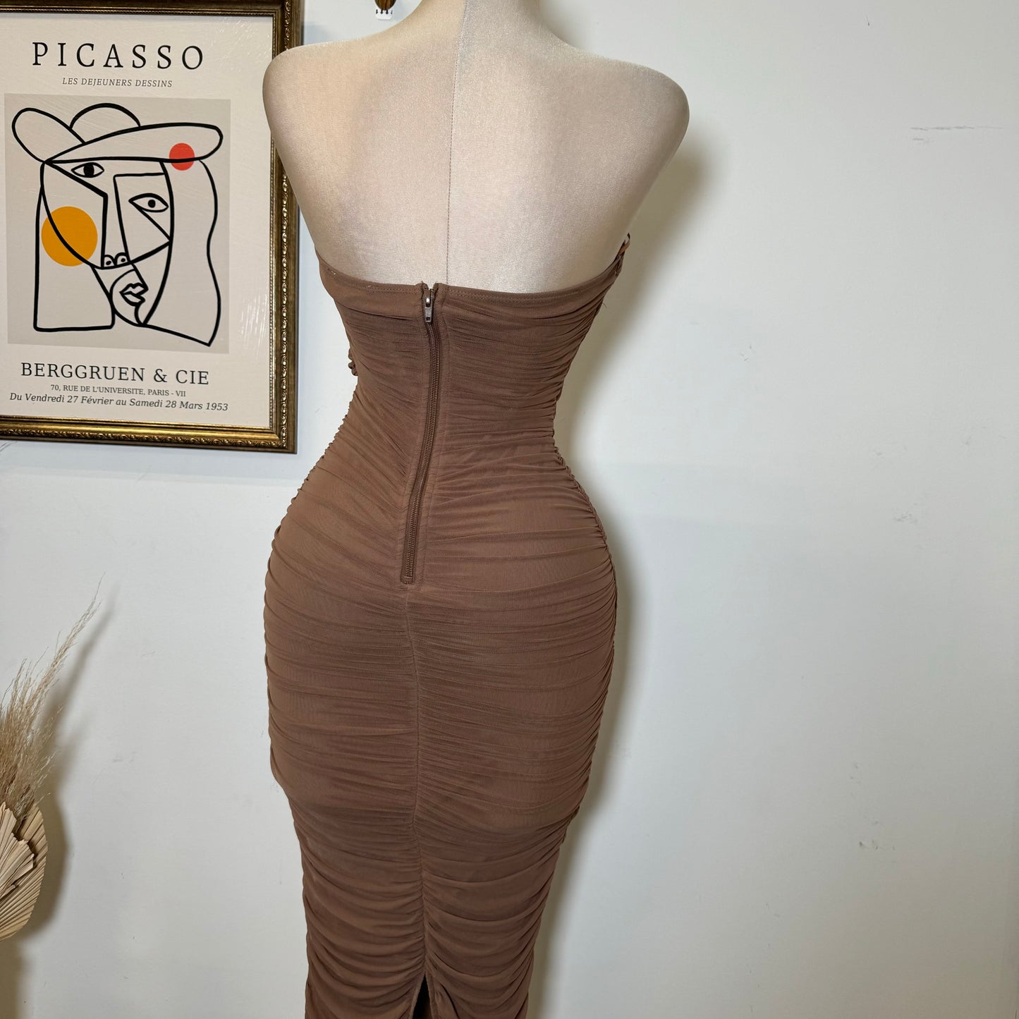 Mesh Off Shoulder Maxi Dress-Brown
