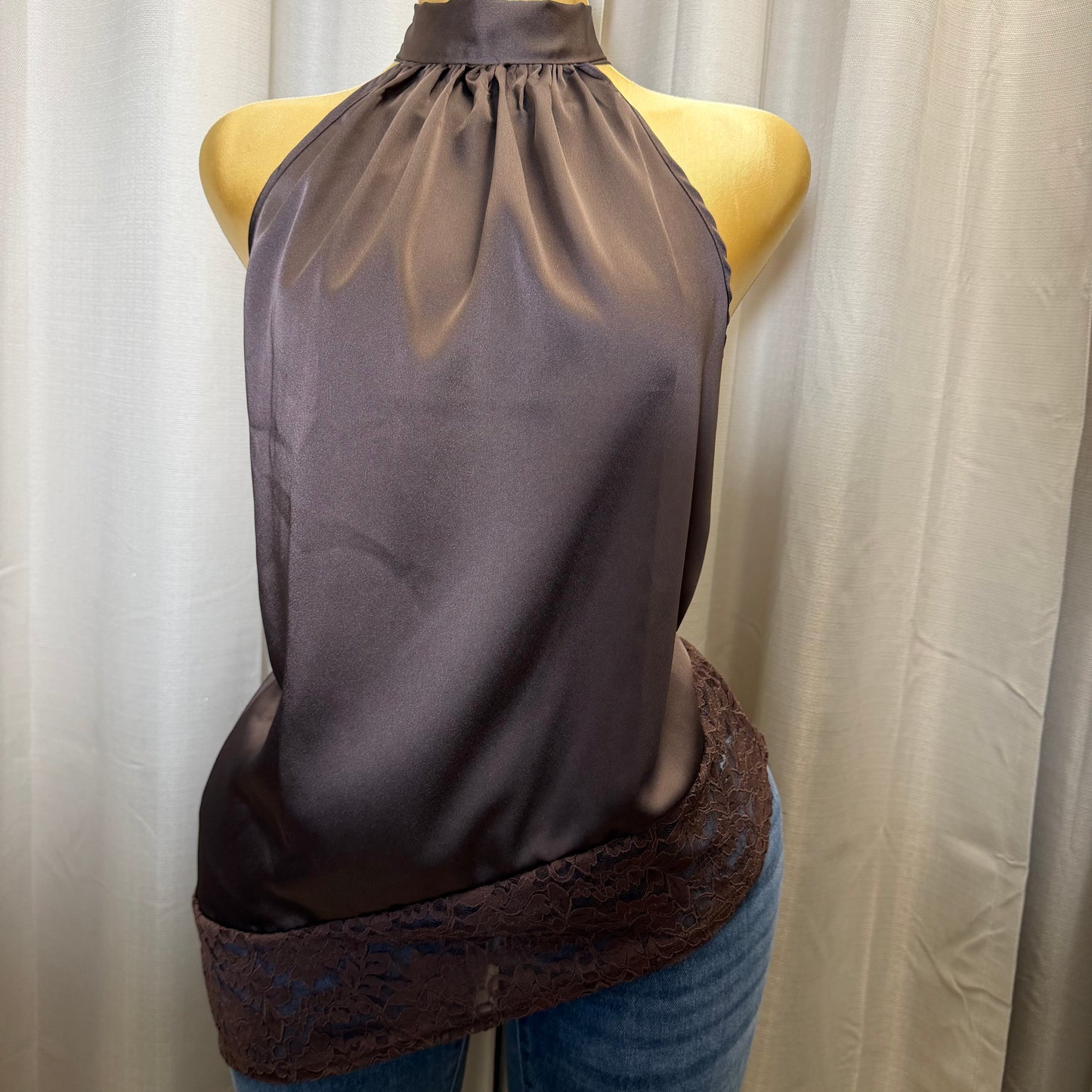 Satin Lace Asymmetrical Top-Brown