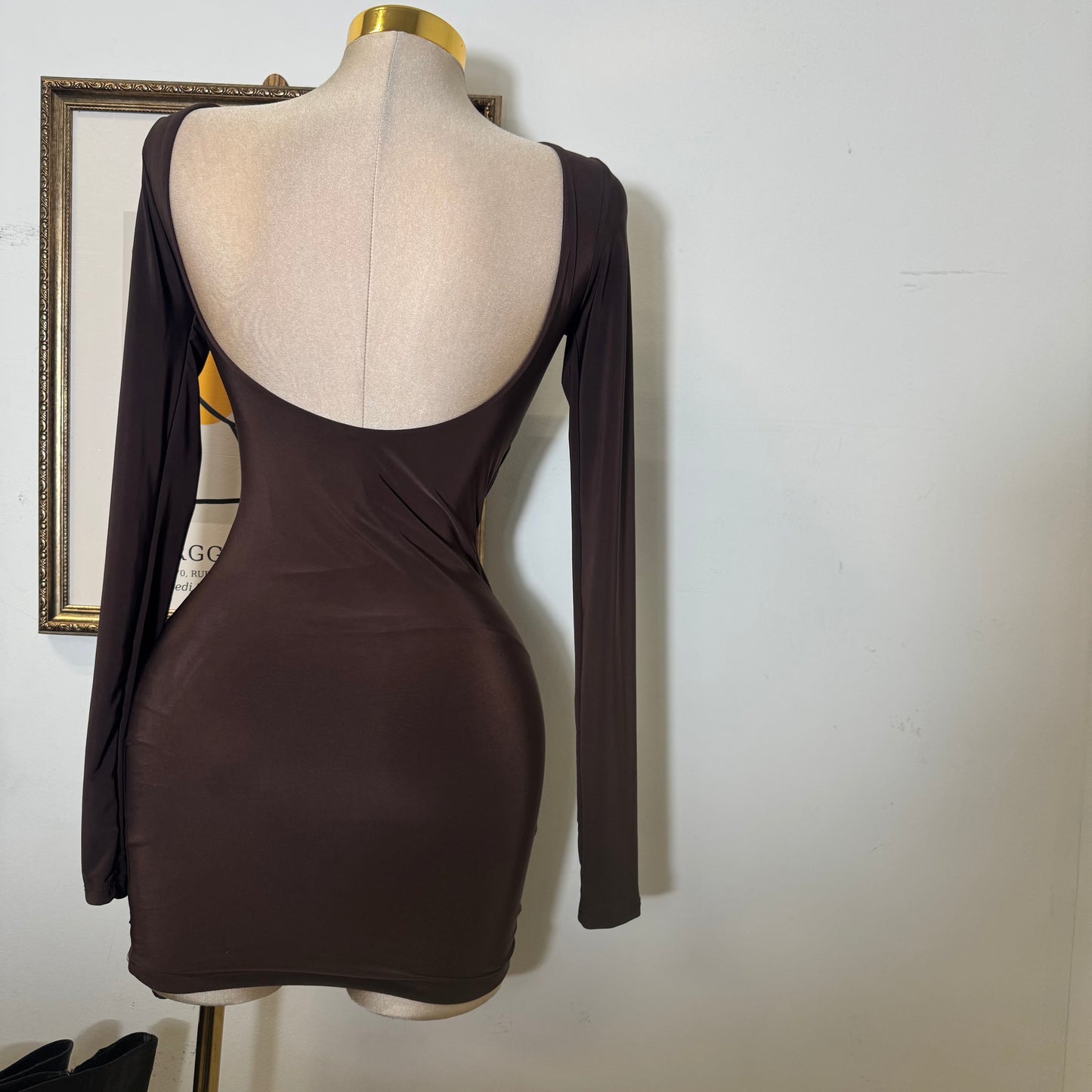 Long sleeve Drape Mini Dress-Brown