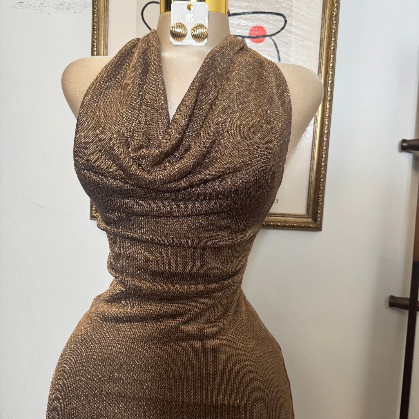 Halter Cowl Neck Metallic Knit Maxi Dress-brown