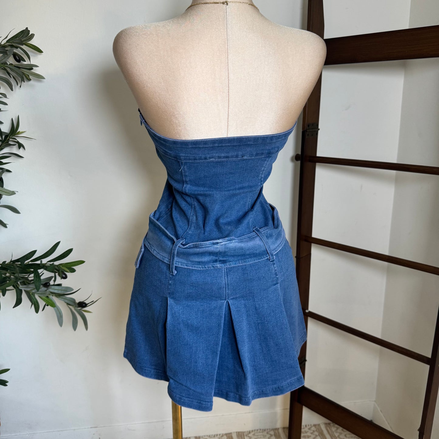 strapless Denim Belted Dress-Denim